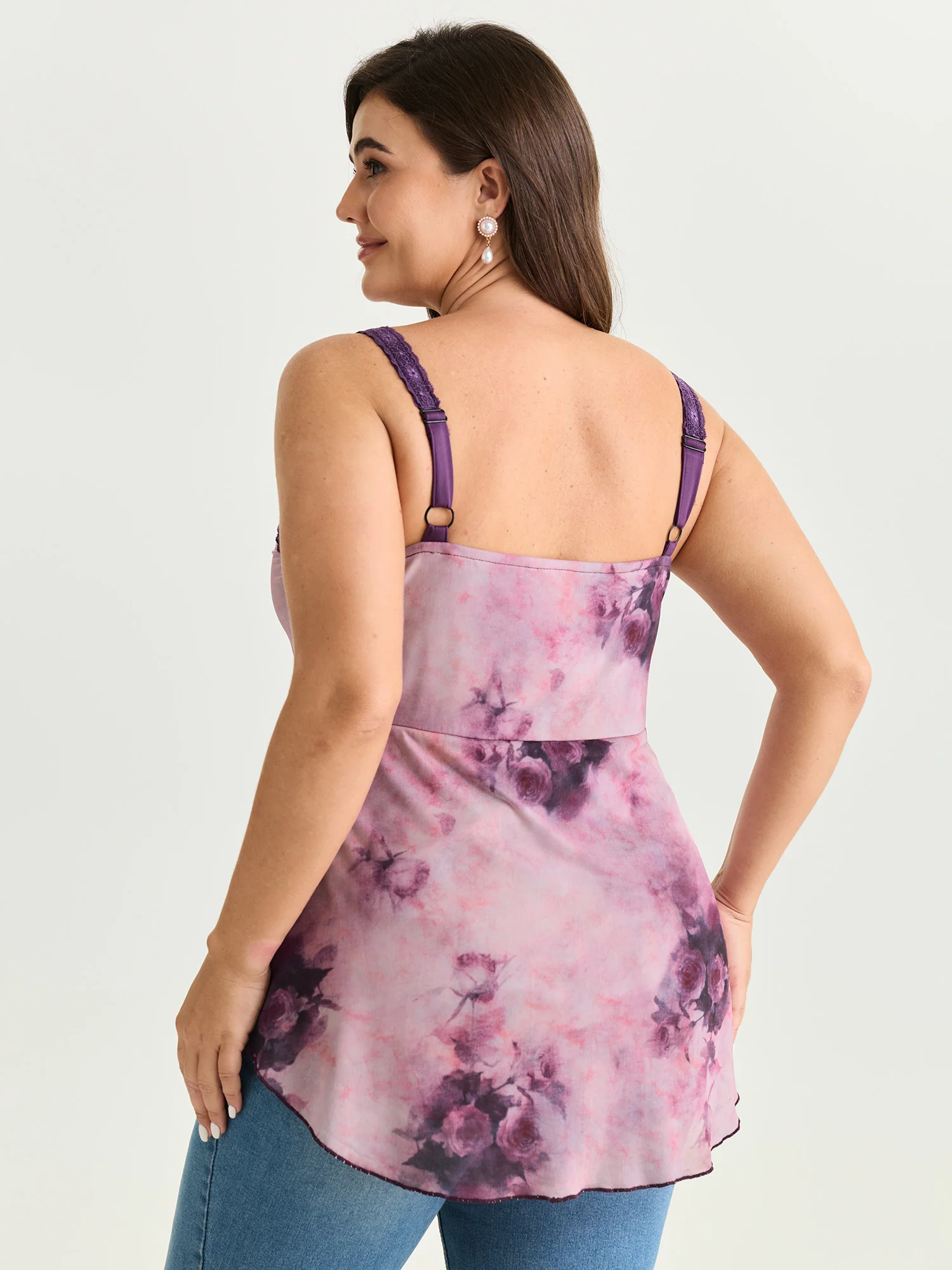 Floral Print Lace Detail Asymmetrical Tank Top - Image 4