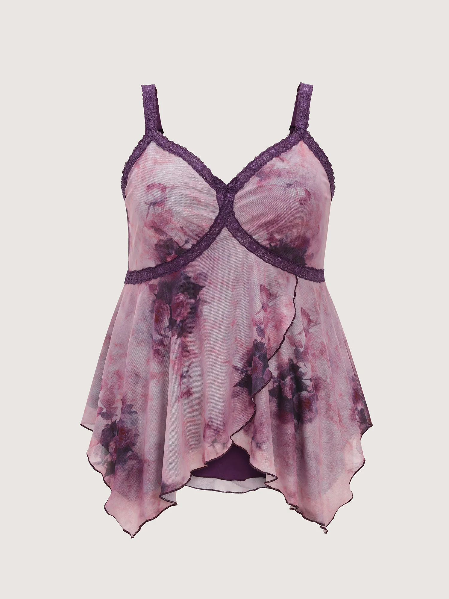 Floral Print Lace Detail Asymmetrical Tank Top - Image 6