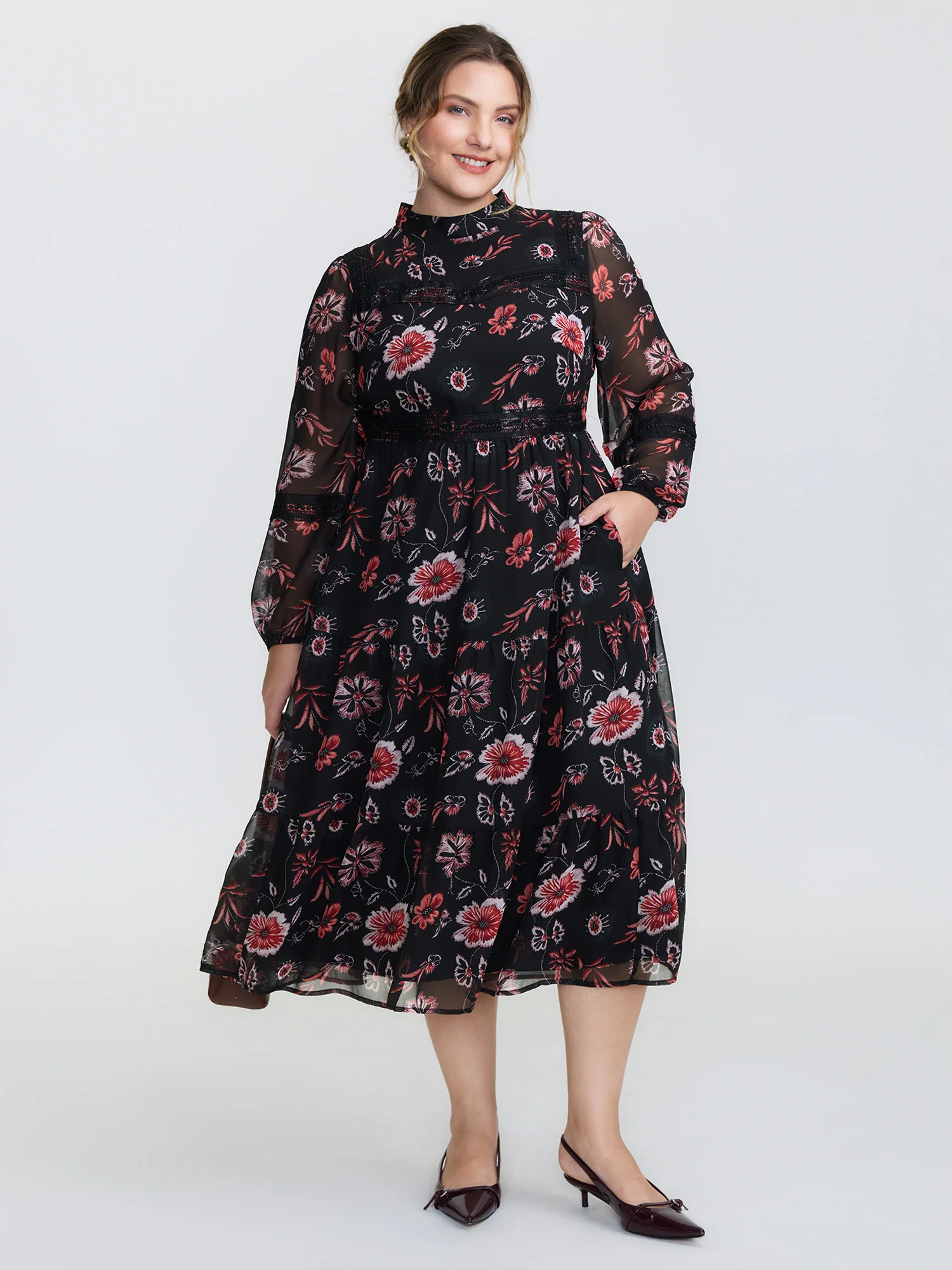 Floral Print Lace High Neck Midi Dress - Image 2