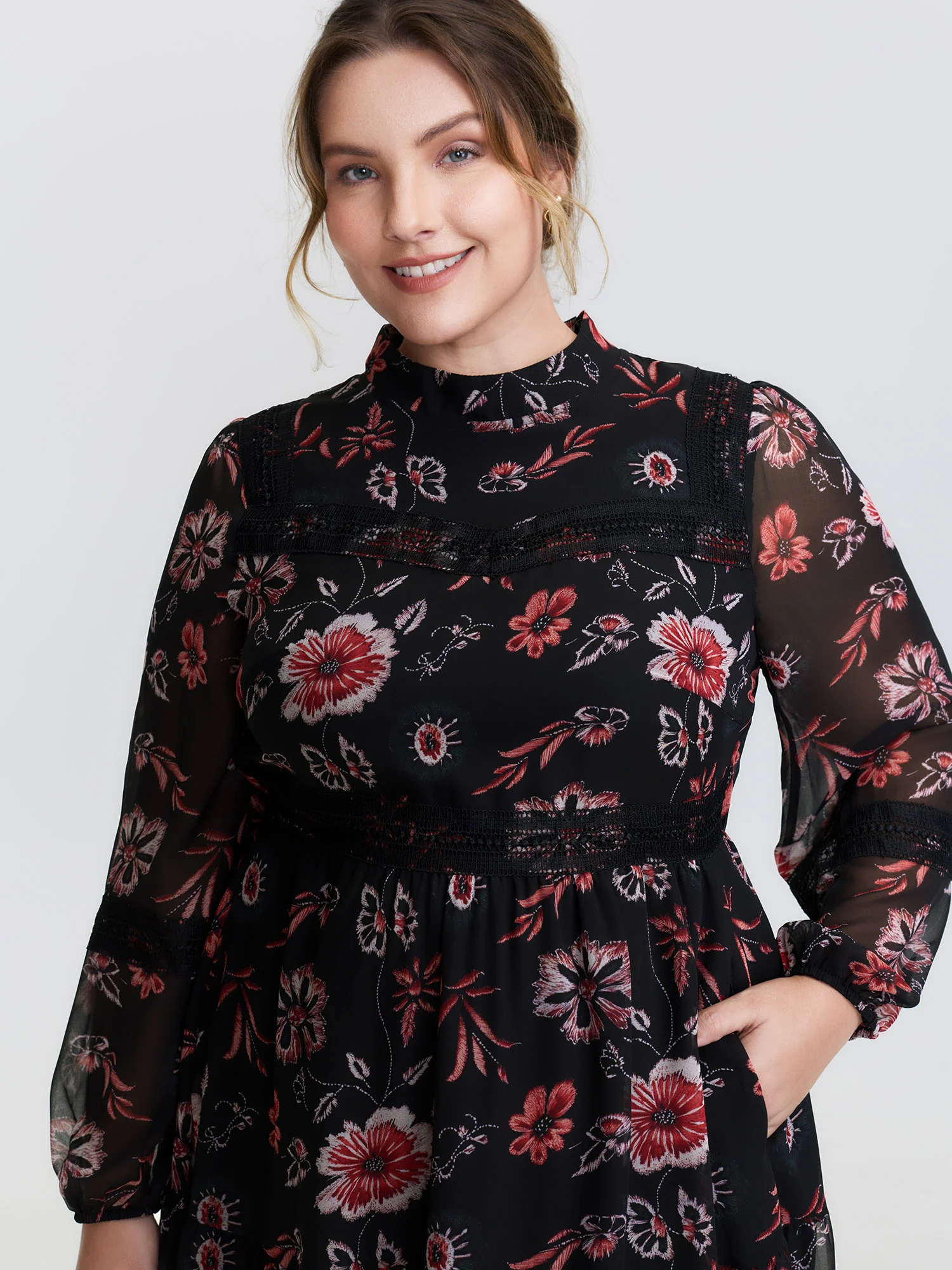 Floral Print Lace High Neck Midi Dress - Image 3