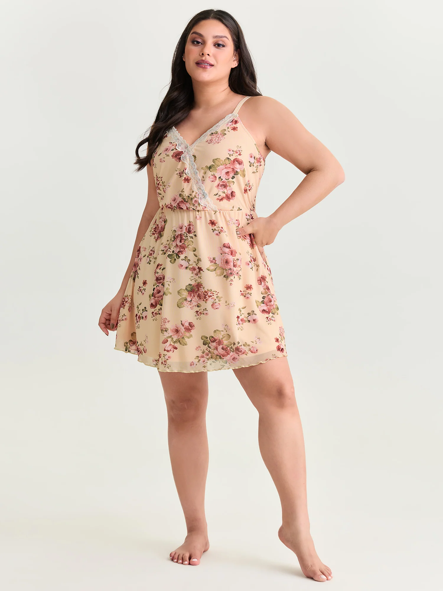 Floral Print Lace Neckline Nightgown - Image 3