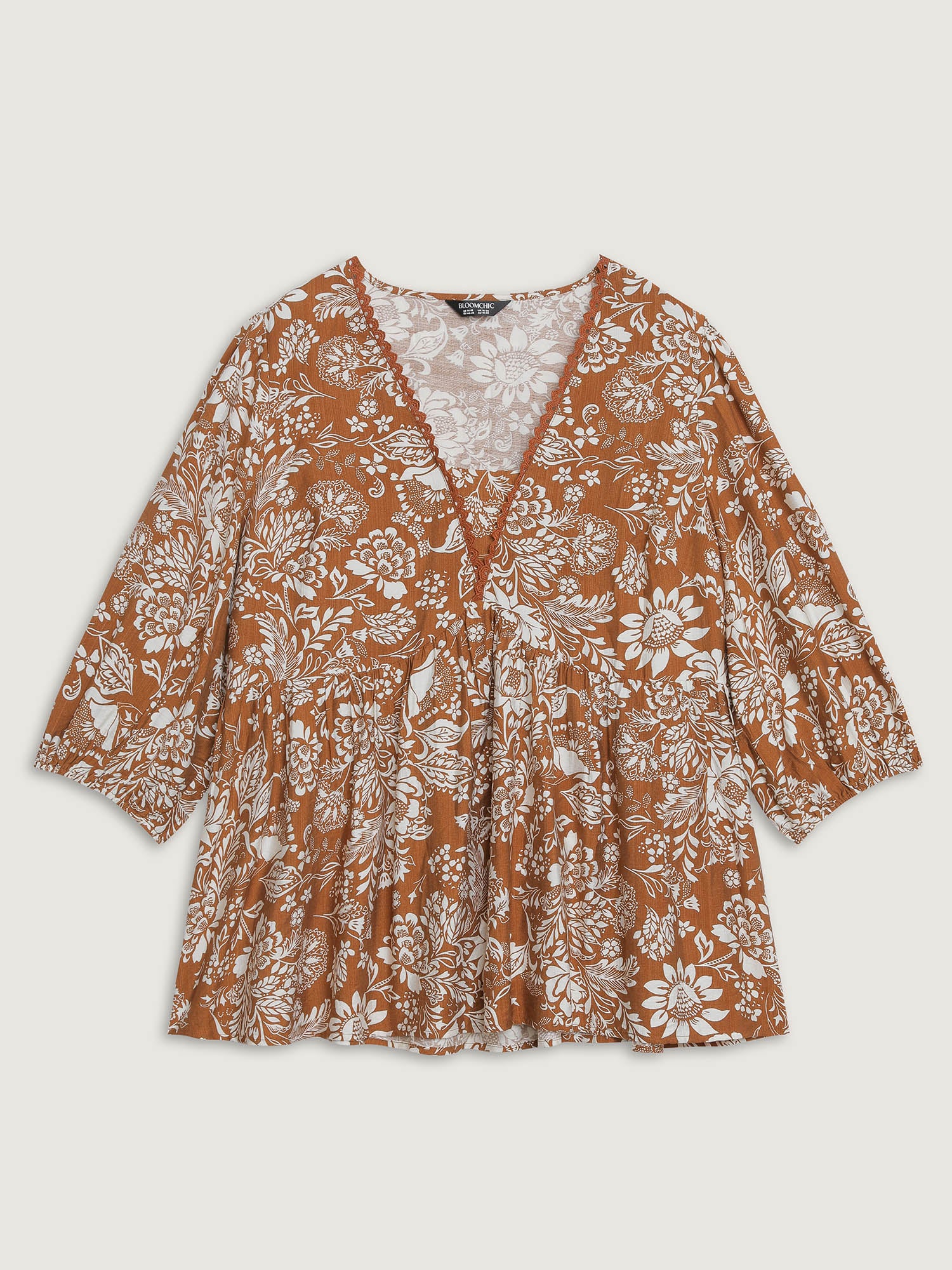 Floral Print Lace Neckline Pleated Blouse - Image 5