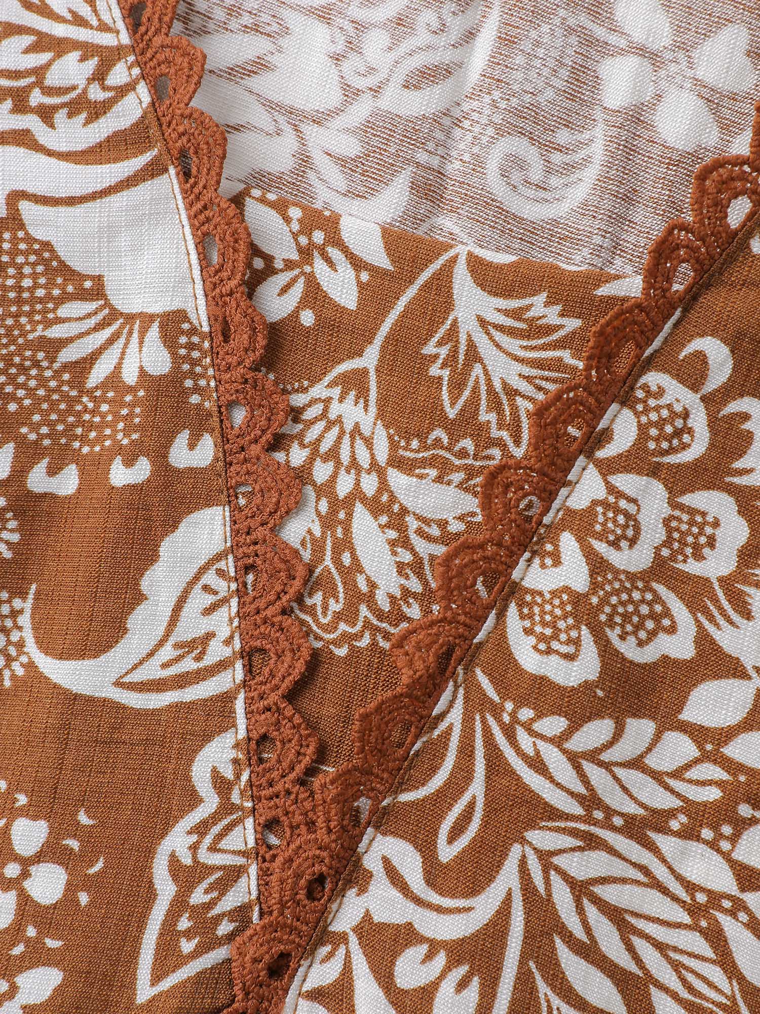 Floral Print Lace Neckline Pleated Blouse - Image 7