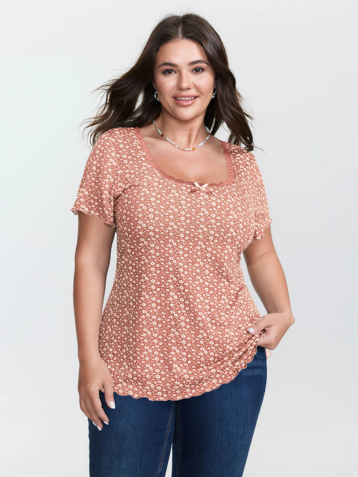 Floral Print Lace Neckline T-Shirt - Image 16