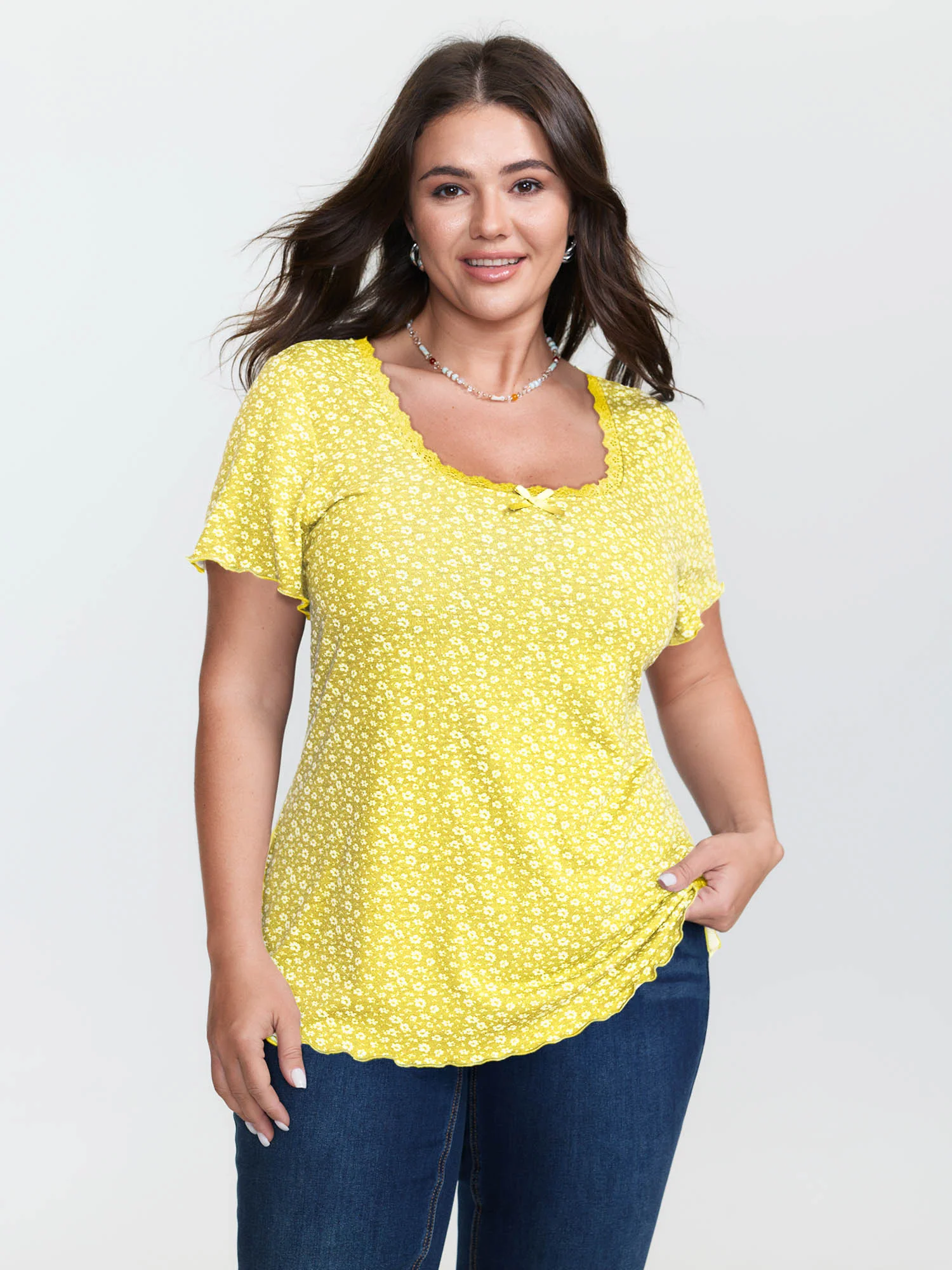 Floral Print Lace Neckline T-Shirt - Image 20
