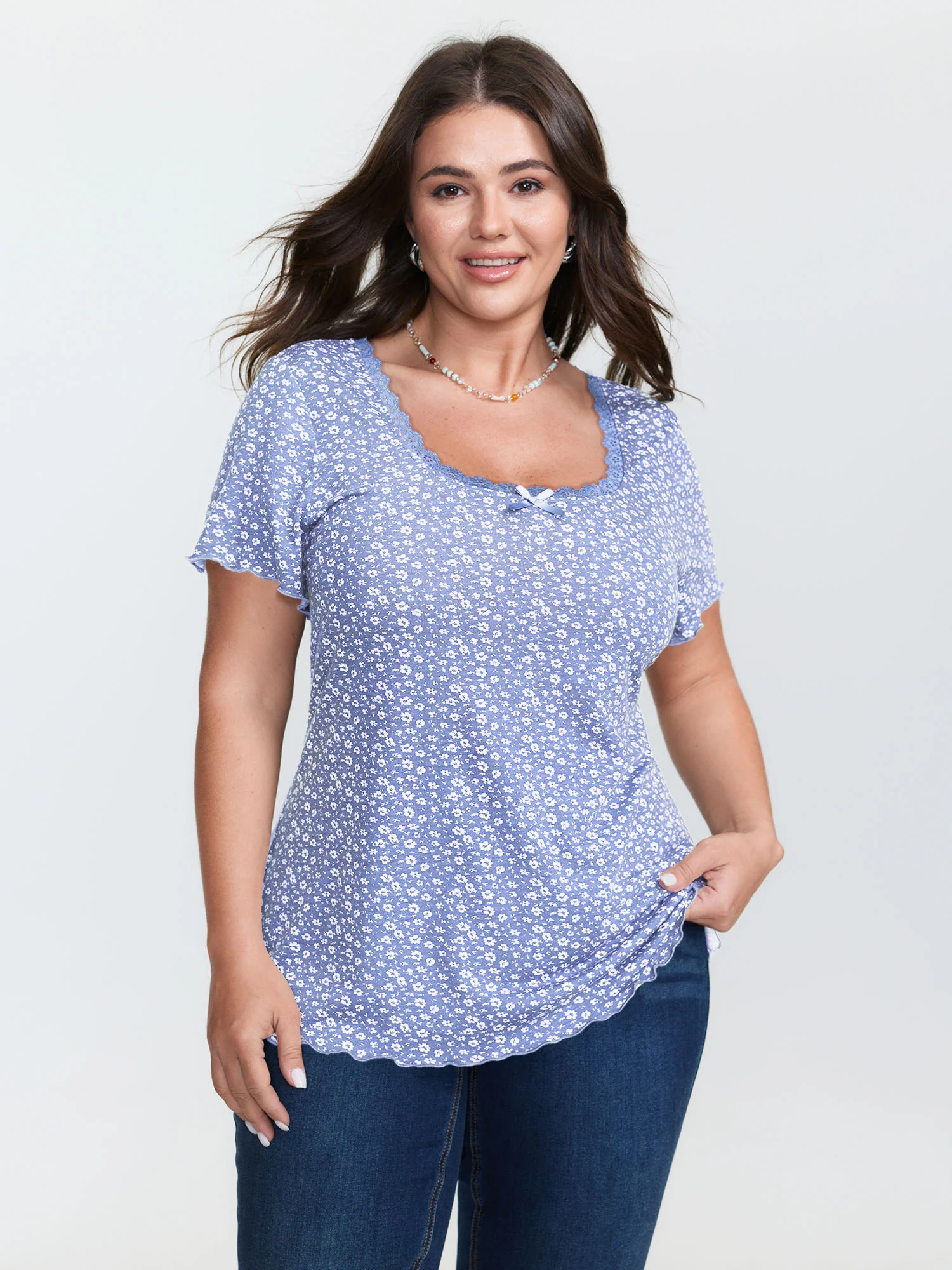 Floral Print Lace Neckline T-Shirt - Image 28
