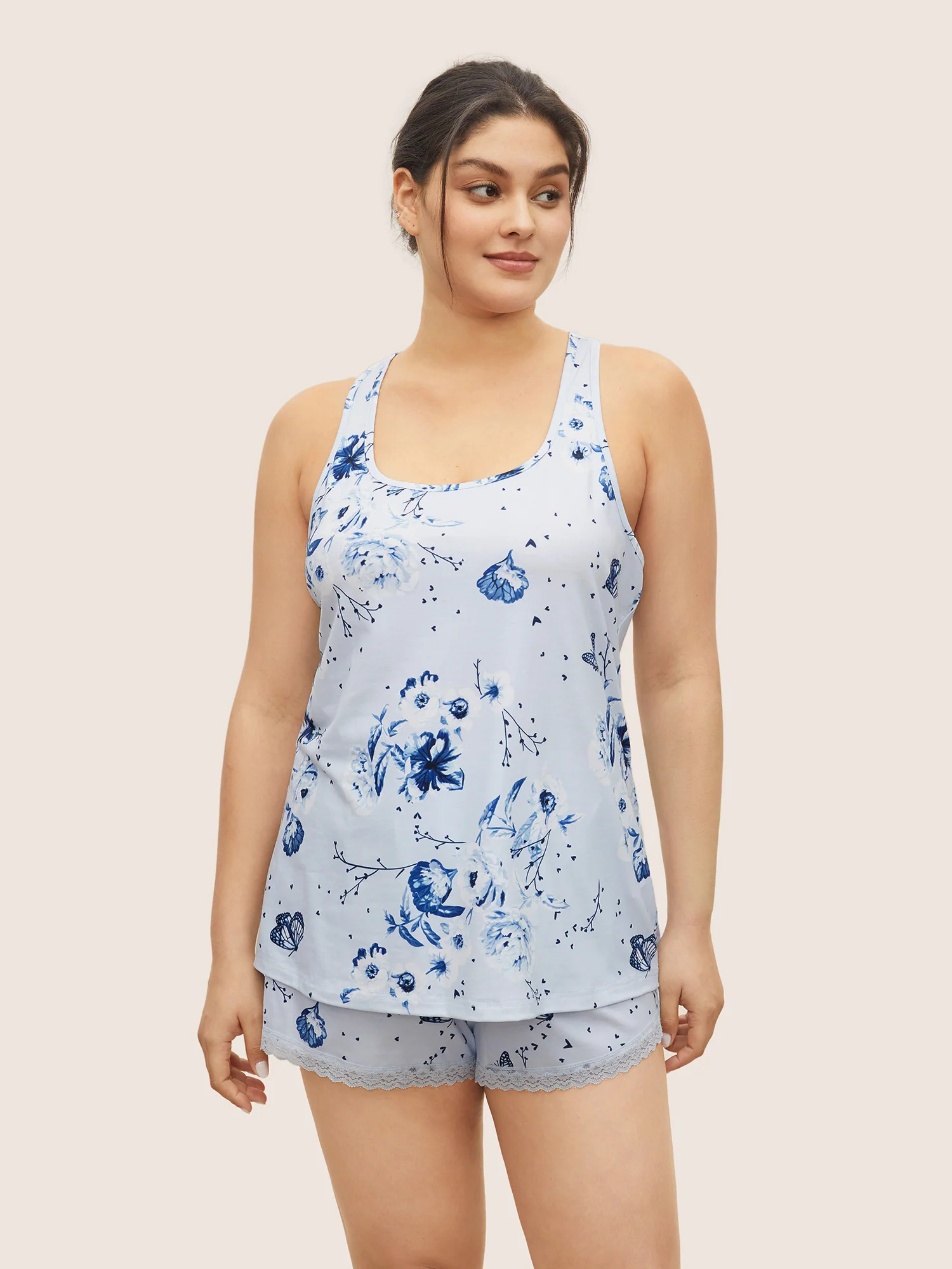 Floral Print Lace Patchwork Pajama Sets - Image 2