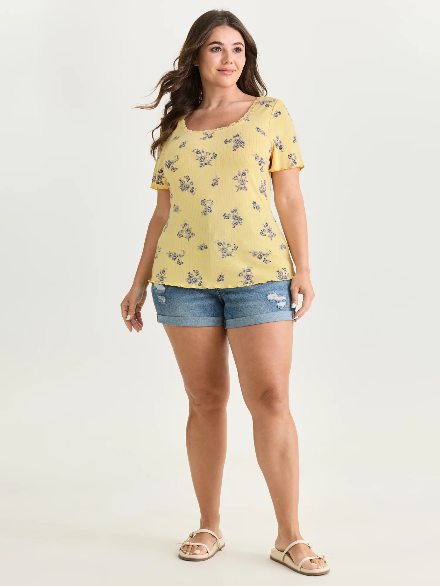 Floral Print Lace Round Neck T-Shirt - Image 3