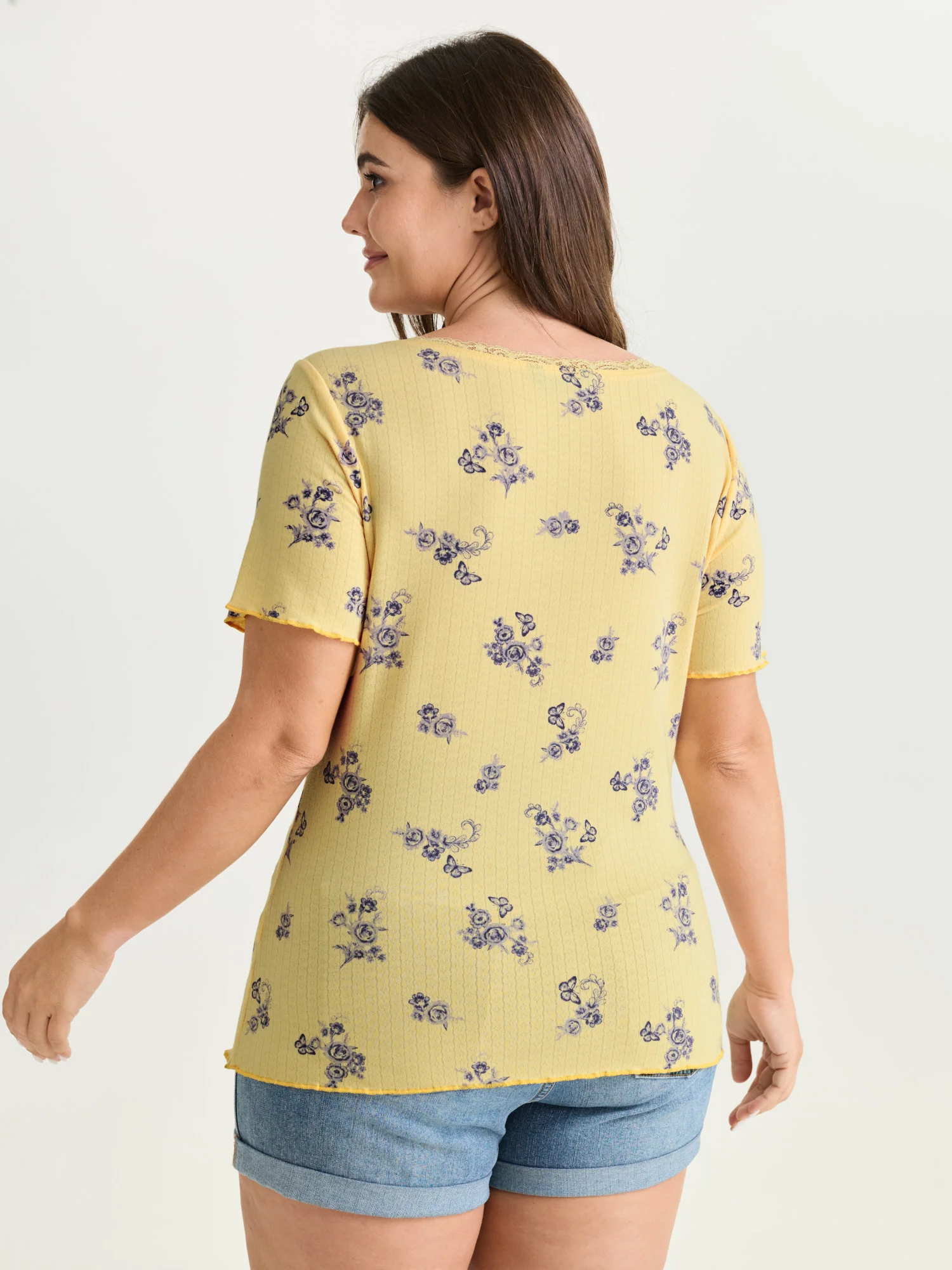Floral Print Lace Round Neck T-Shirt - Image 4