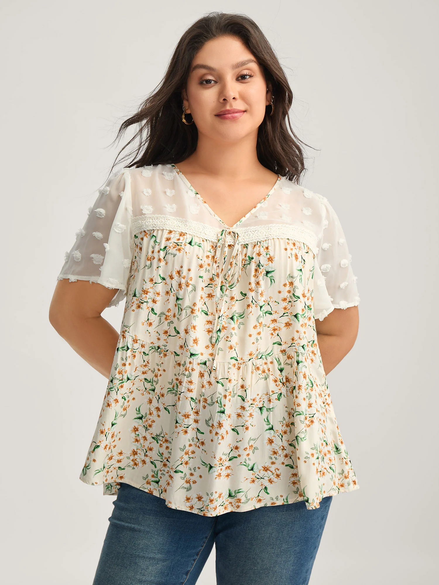 Floral Print Lace Sheer Sleeve Blouse - Image 2