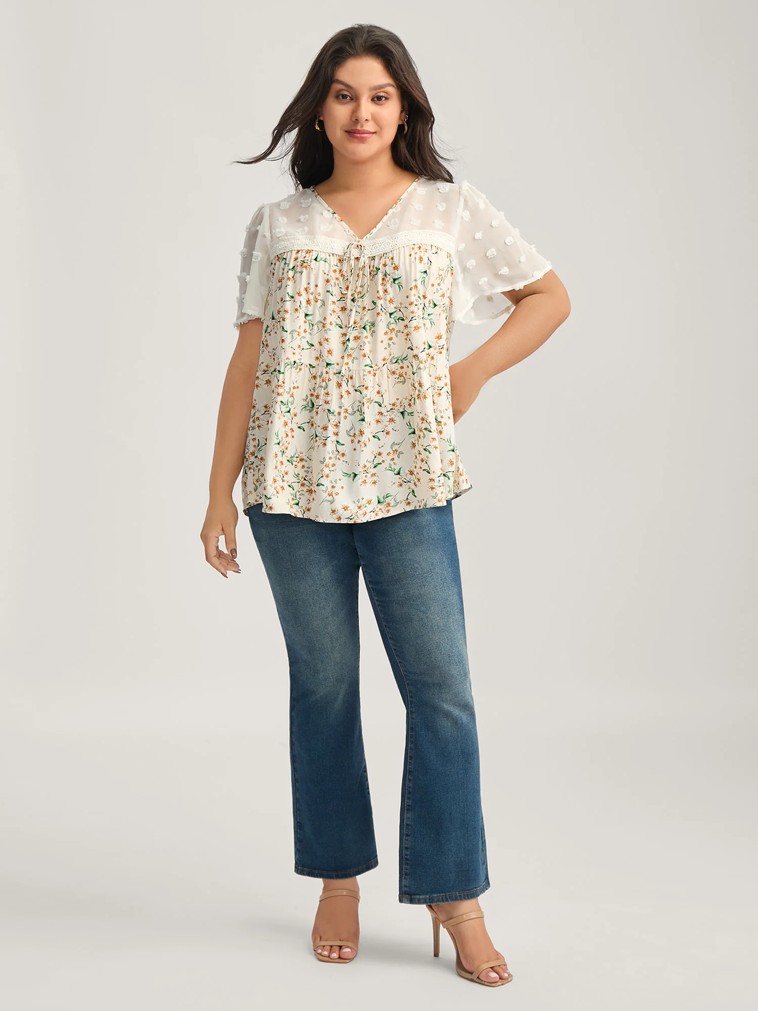 Floral Print Lace Sheer Sleeve Blouse - Image 3