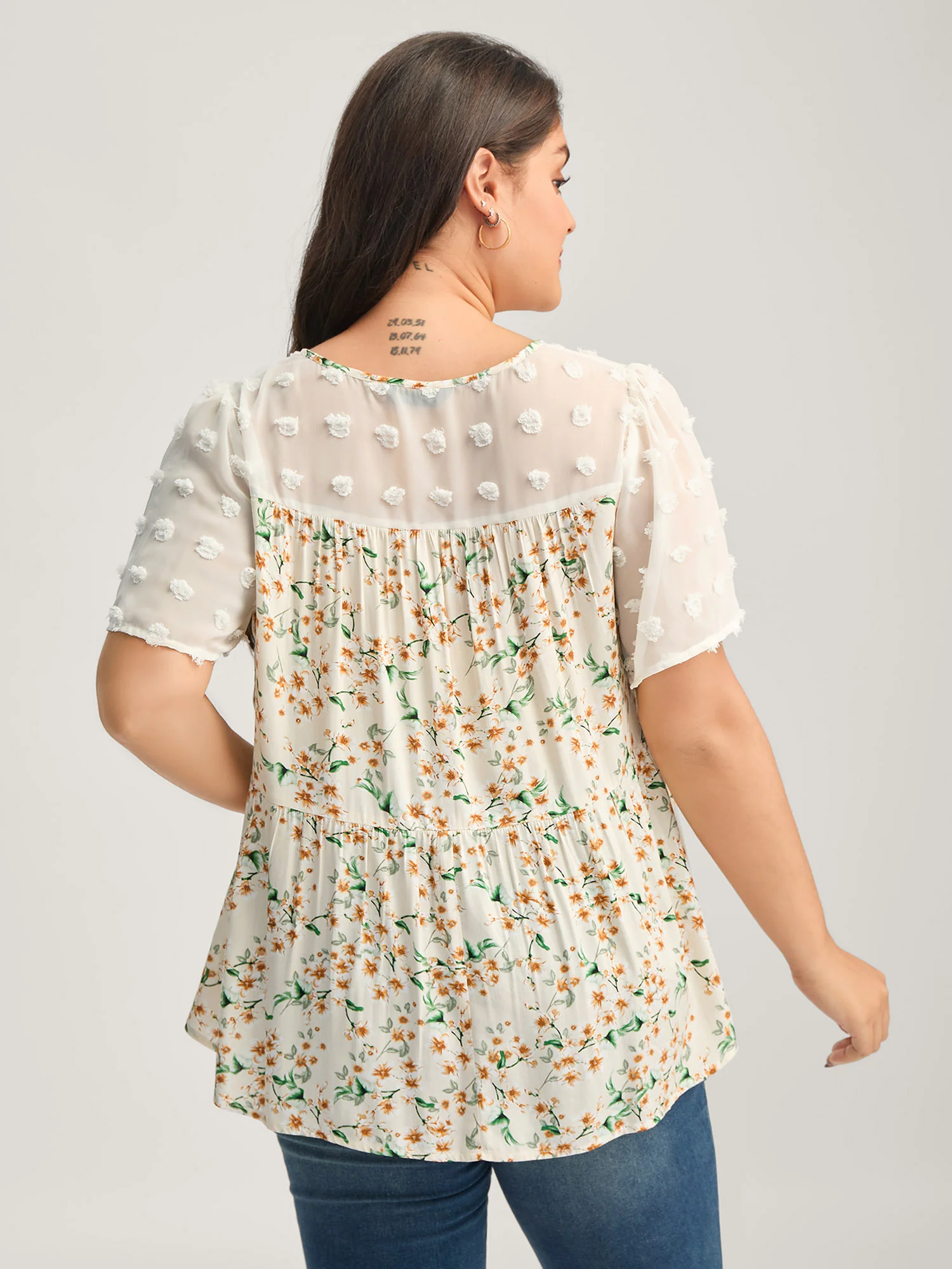 Floral Print Lace Sheer Sleeve Blouse - Image 4