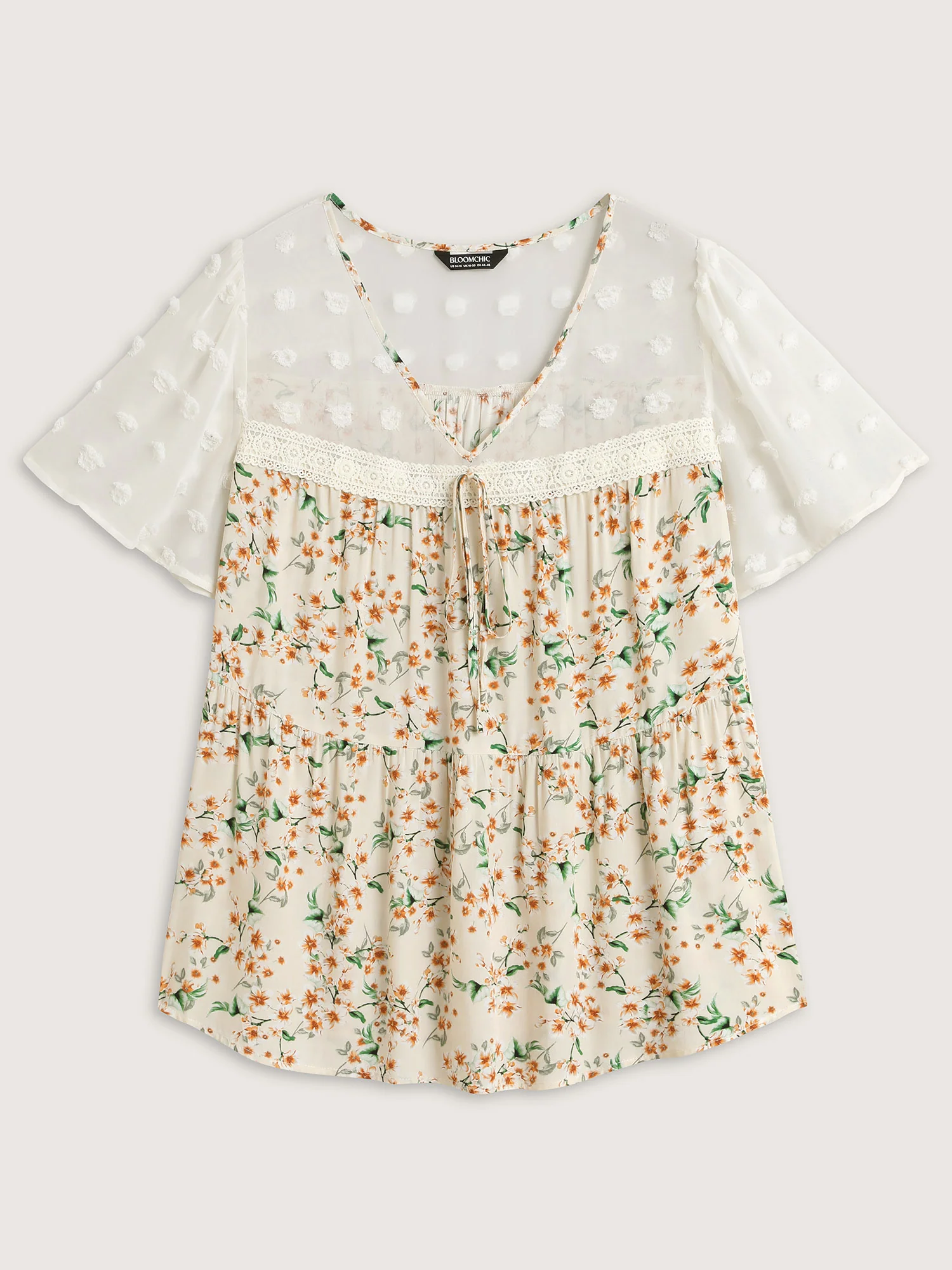 Floral Print Lace Sheer Sleeve Blouse - Image 7