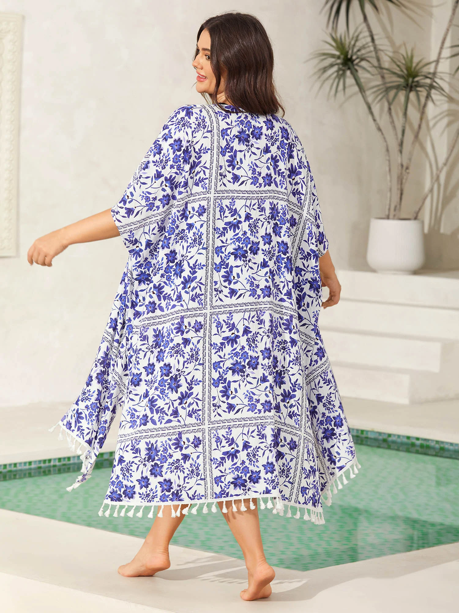 Floral Print Lace Tassels Slit Kimono - Image 4