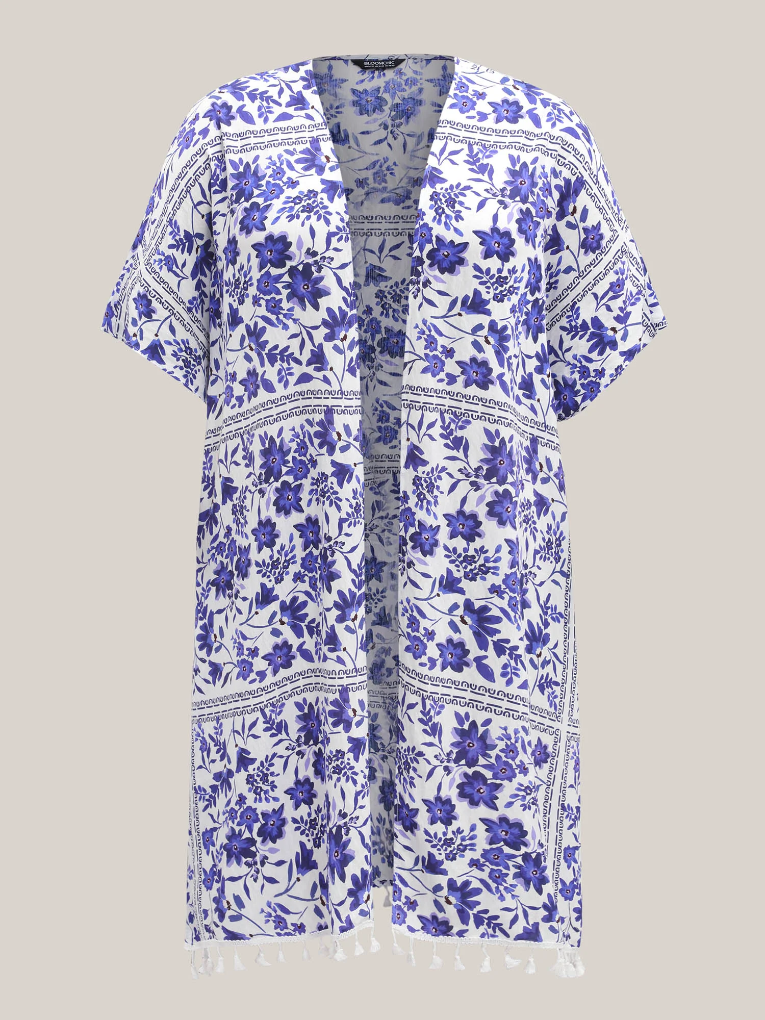 Floral Print Lace Tassels Slit Kimono - Image 7