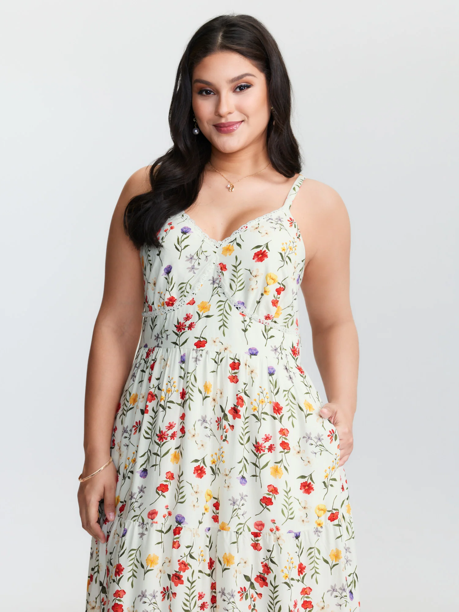 Floral Print Lace Trim Cinched Waist Midi Dress - Image 2