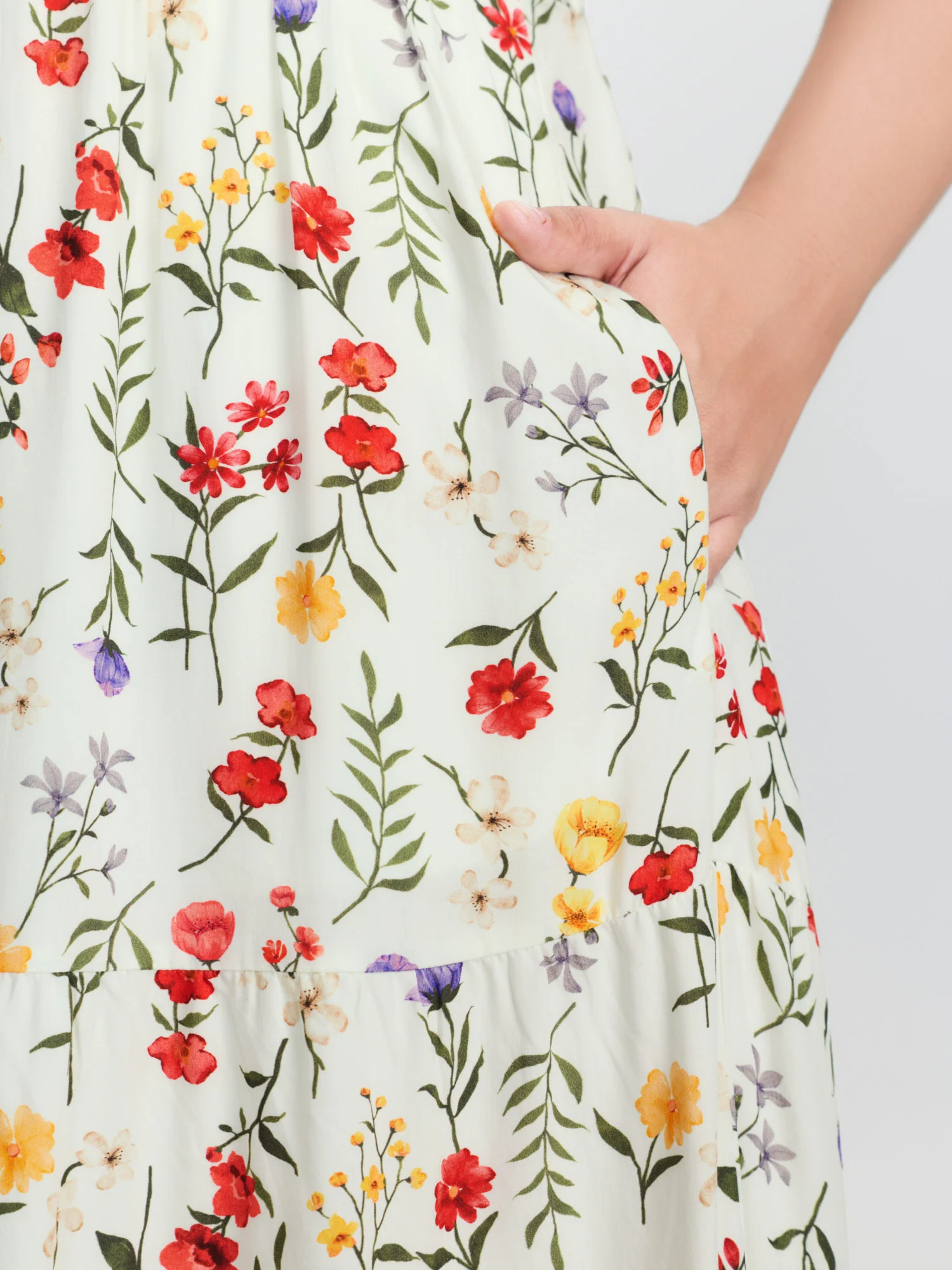Floral Print Lace Trim Cinched Waist Midi Dress - Image 3