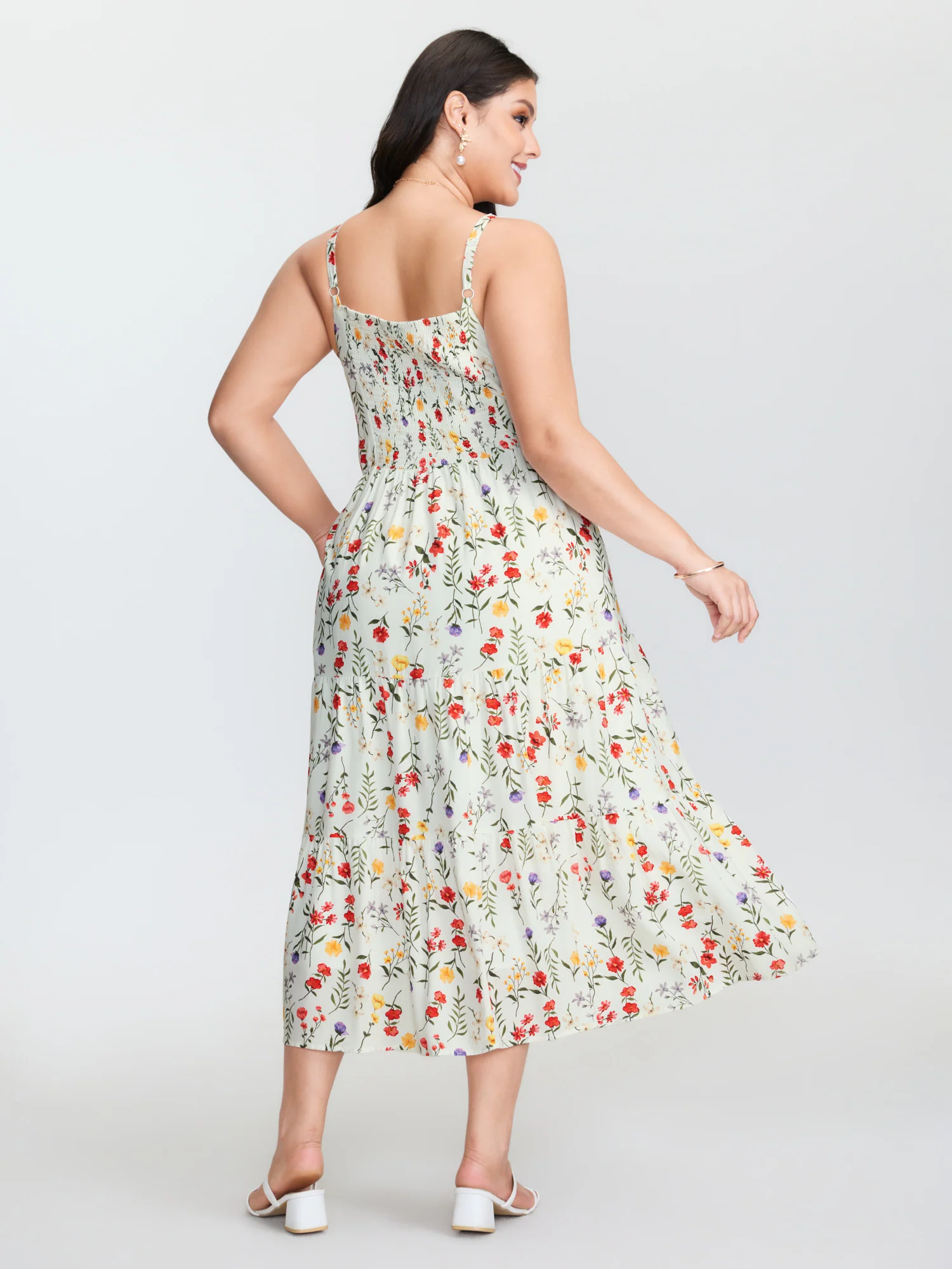 Floral Print Lace Trim Cinched Waist Midi Dress - Image 4