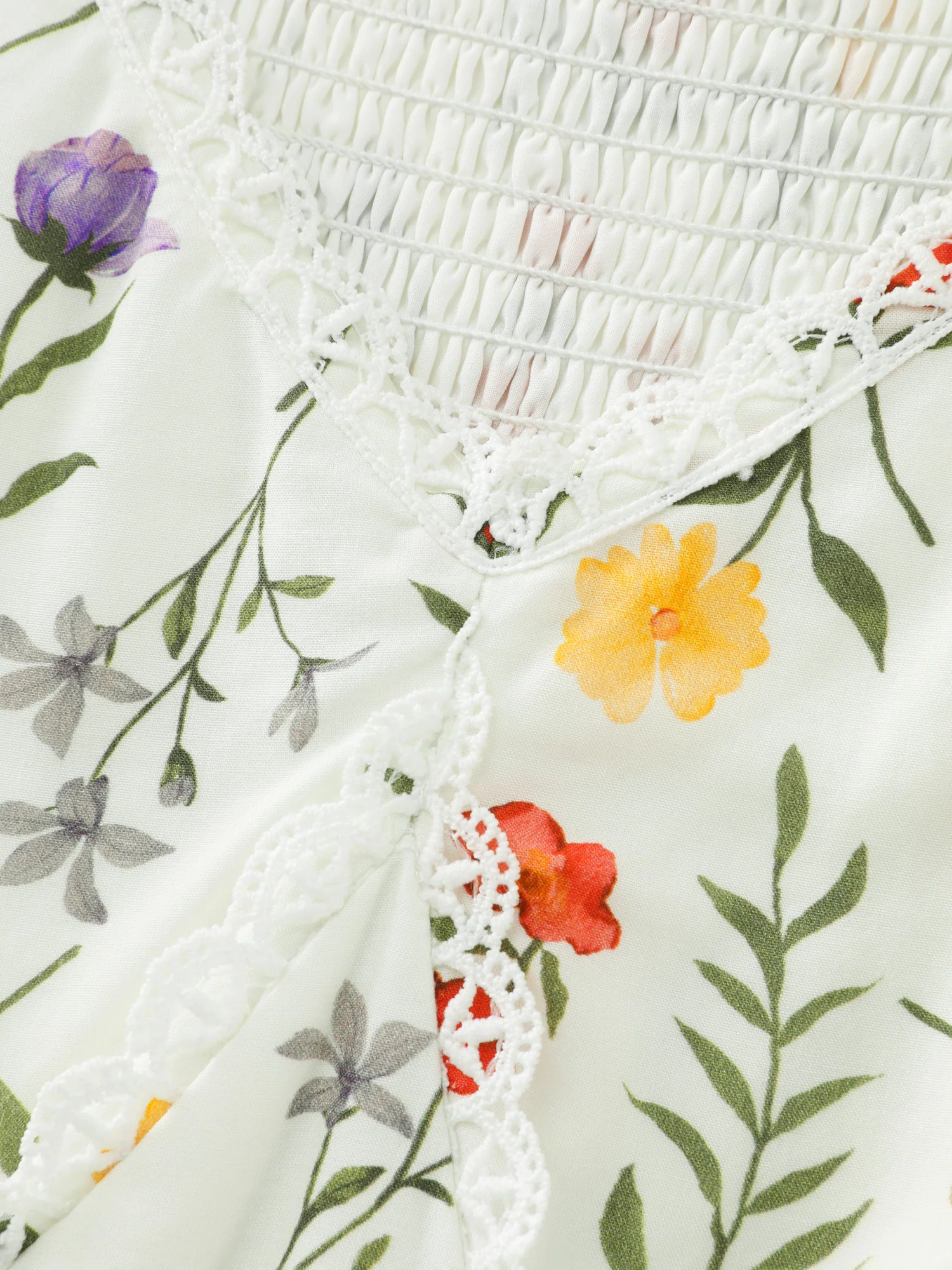 Floral Print Lace Trim Cinched Waist Midi Dress - Image 5