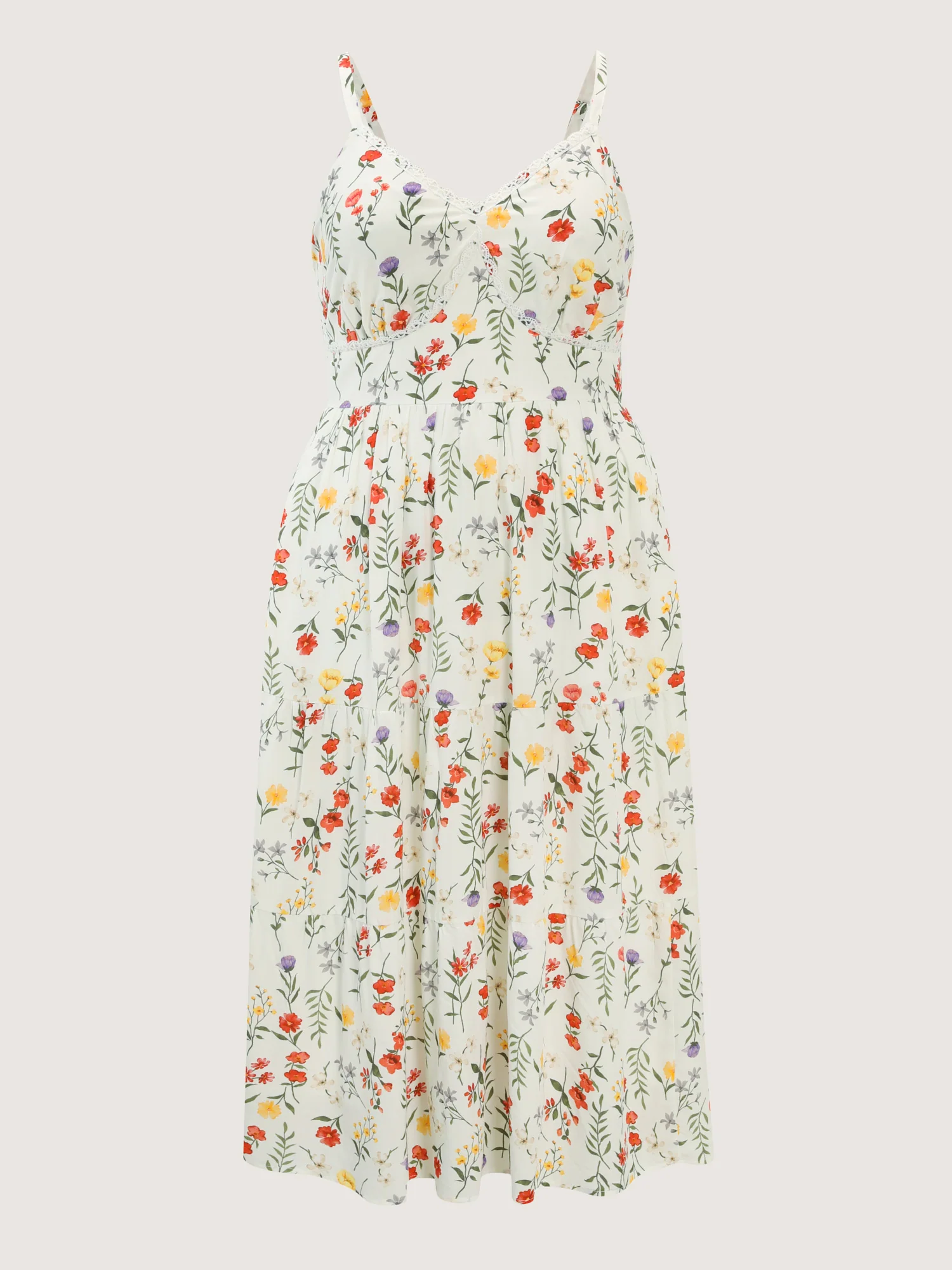Floral Print Lace Trim Cinched Waist Midi Dress - Image 7