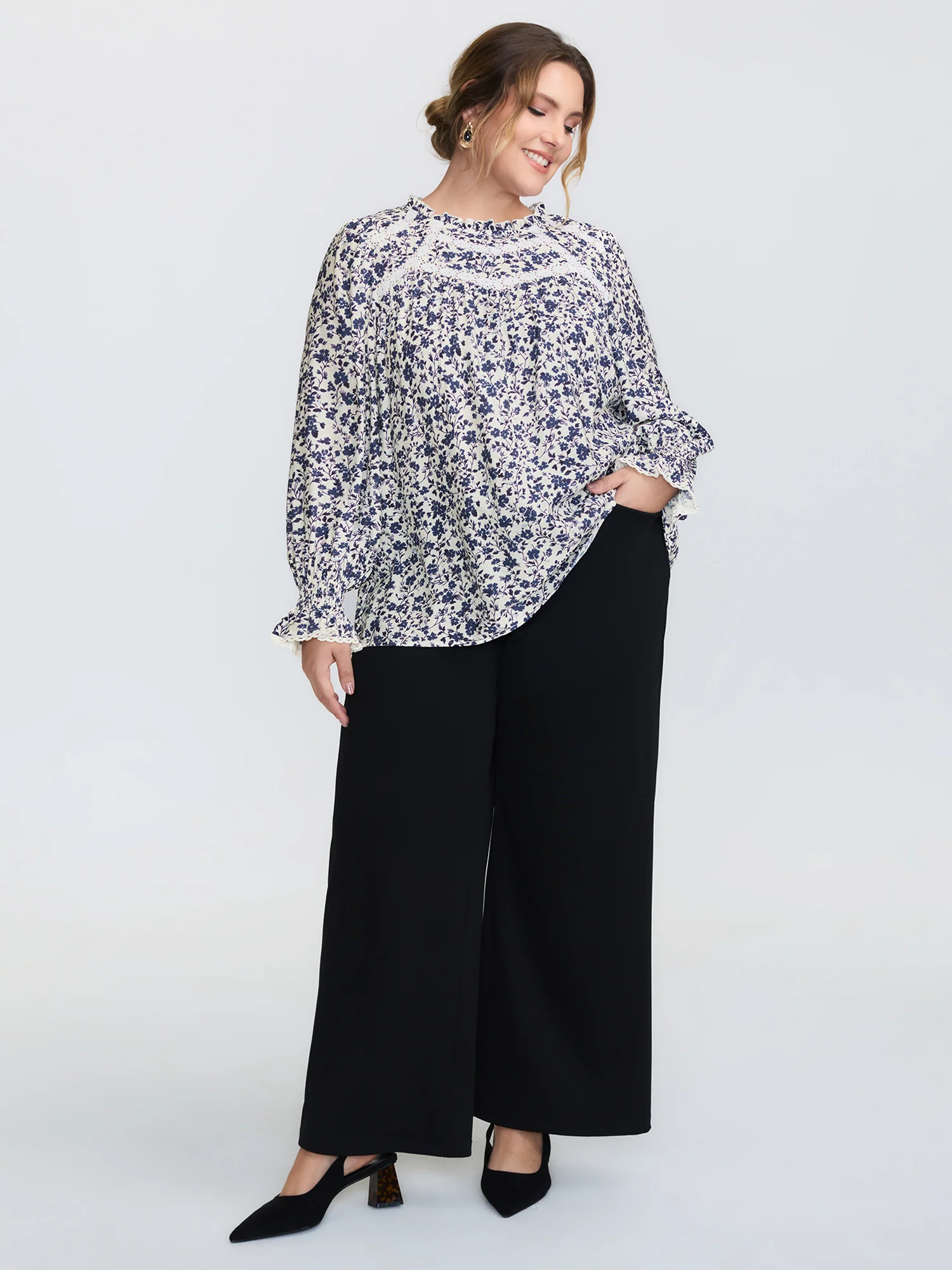 Floral Print Lace Trim Flowy Blouse - Image 3