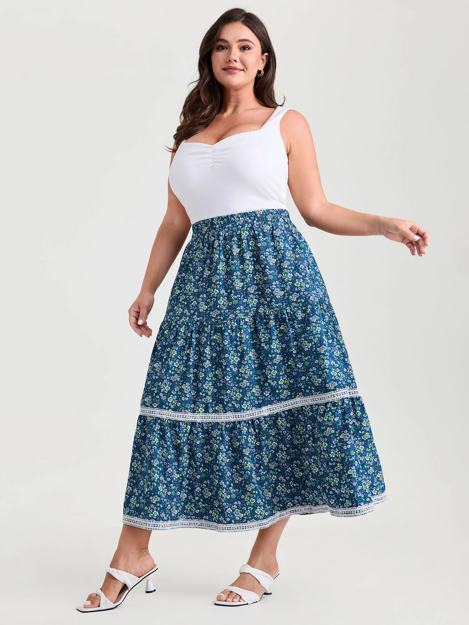 Floral Print Lace Trim Flowy Maxi Skirt - Image 2