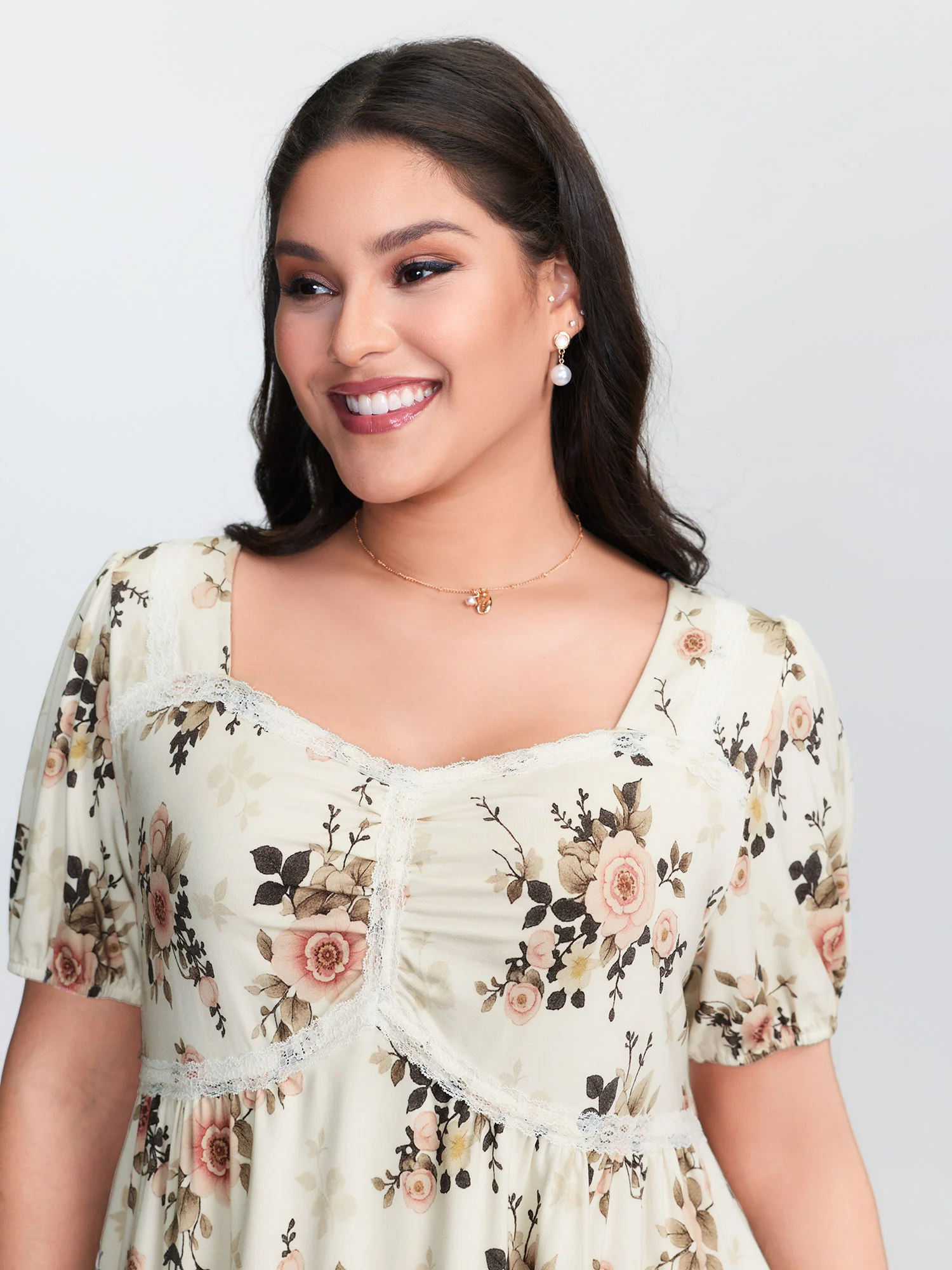 Floral Print Lace Trim Knit Top - Image 2