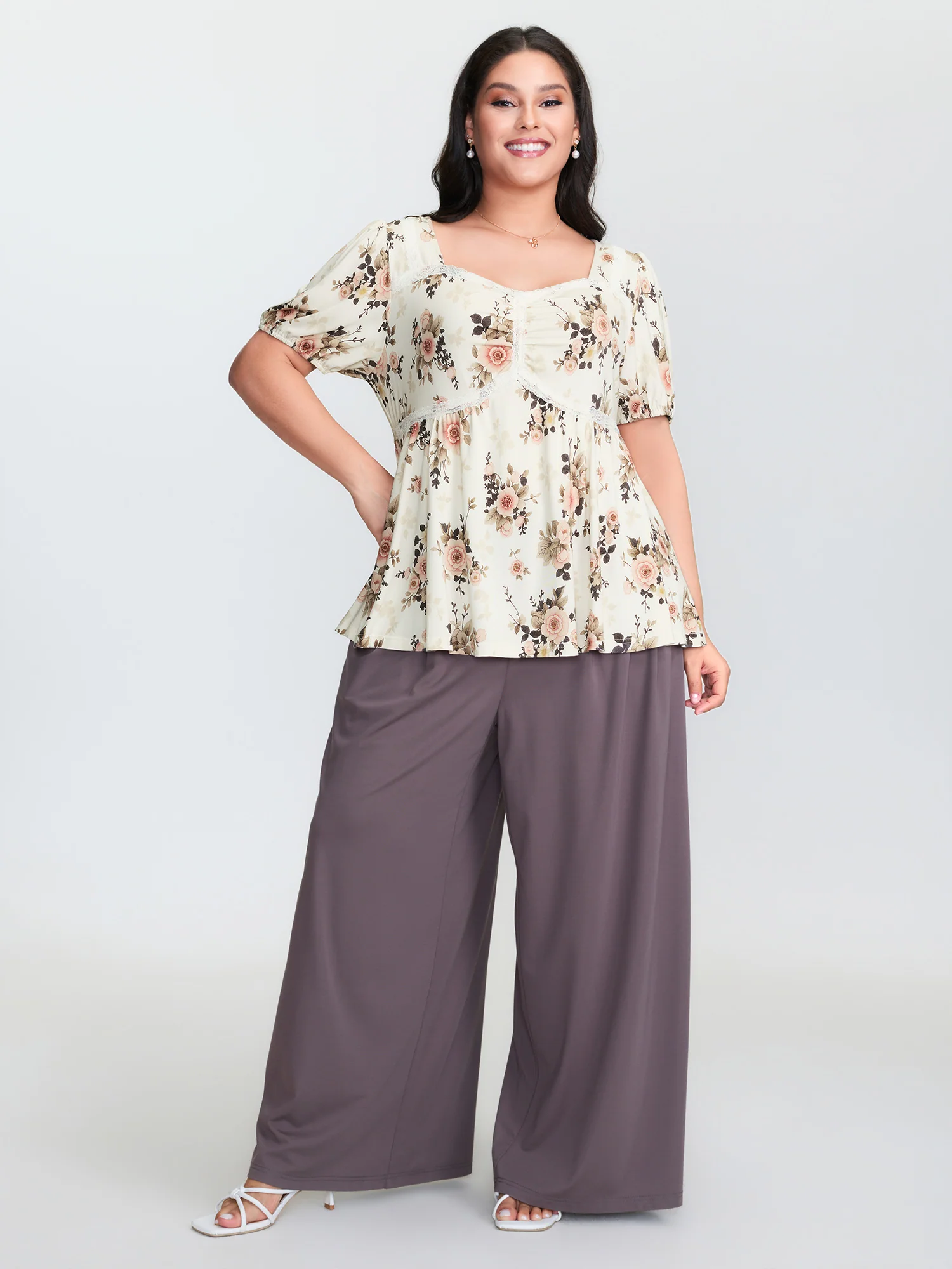 Floral Print Lace Trim Knit Top - Image 3