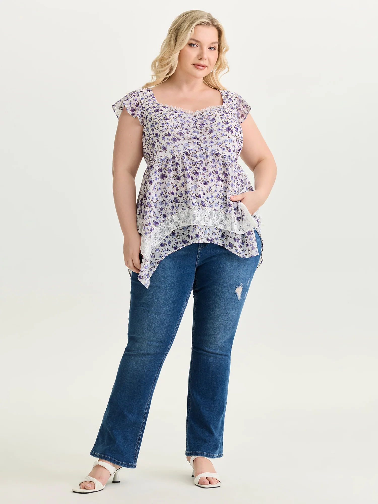 Floral Print Lace Trim Layered Blouse - Image 3