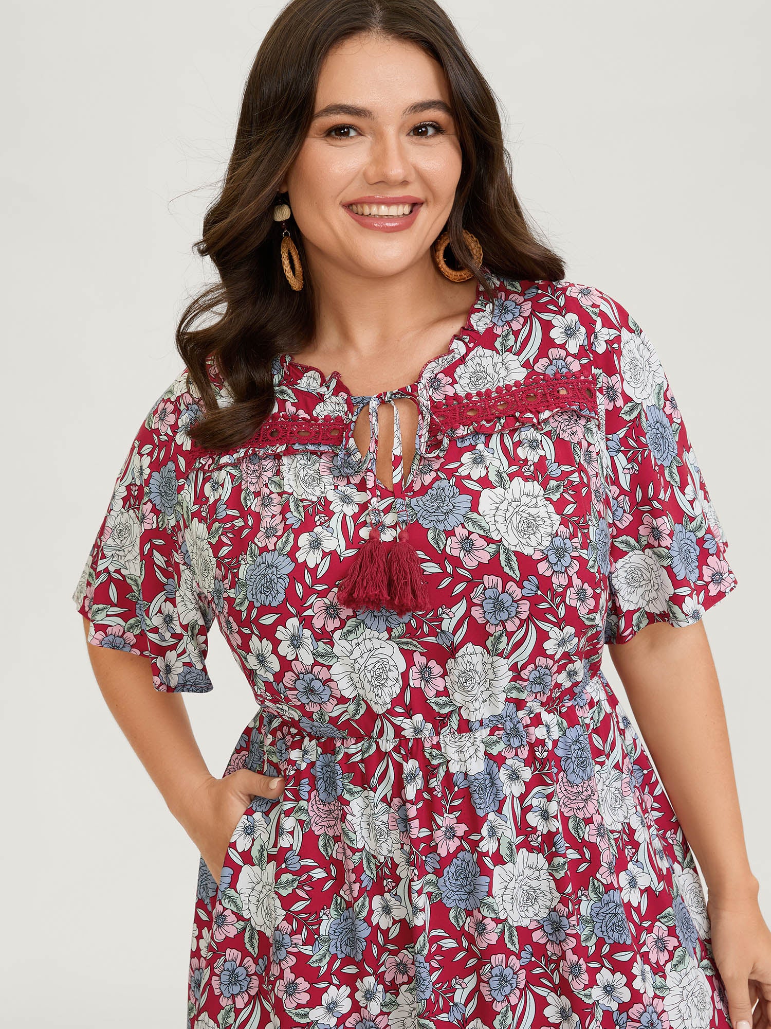 Floral Print Lace Trim Neck Tie Midi Dress - Image 2