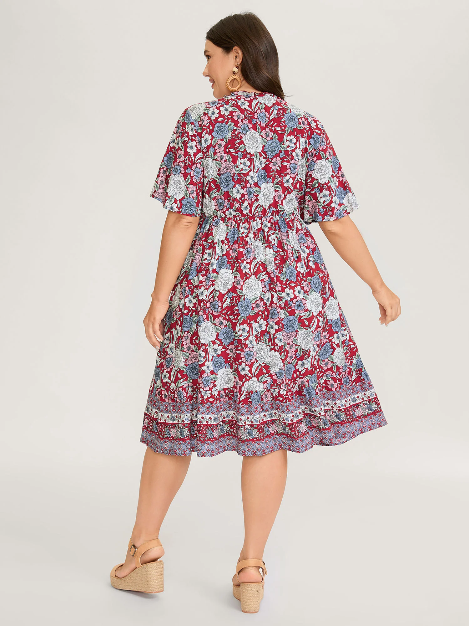 Floral Print Lace Trim Neck Tie Midi Dress - Image 4