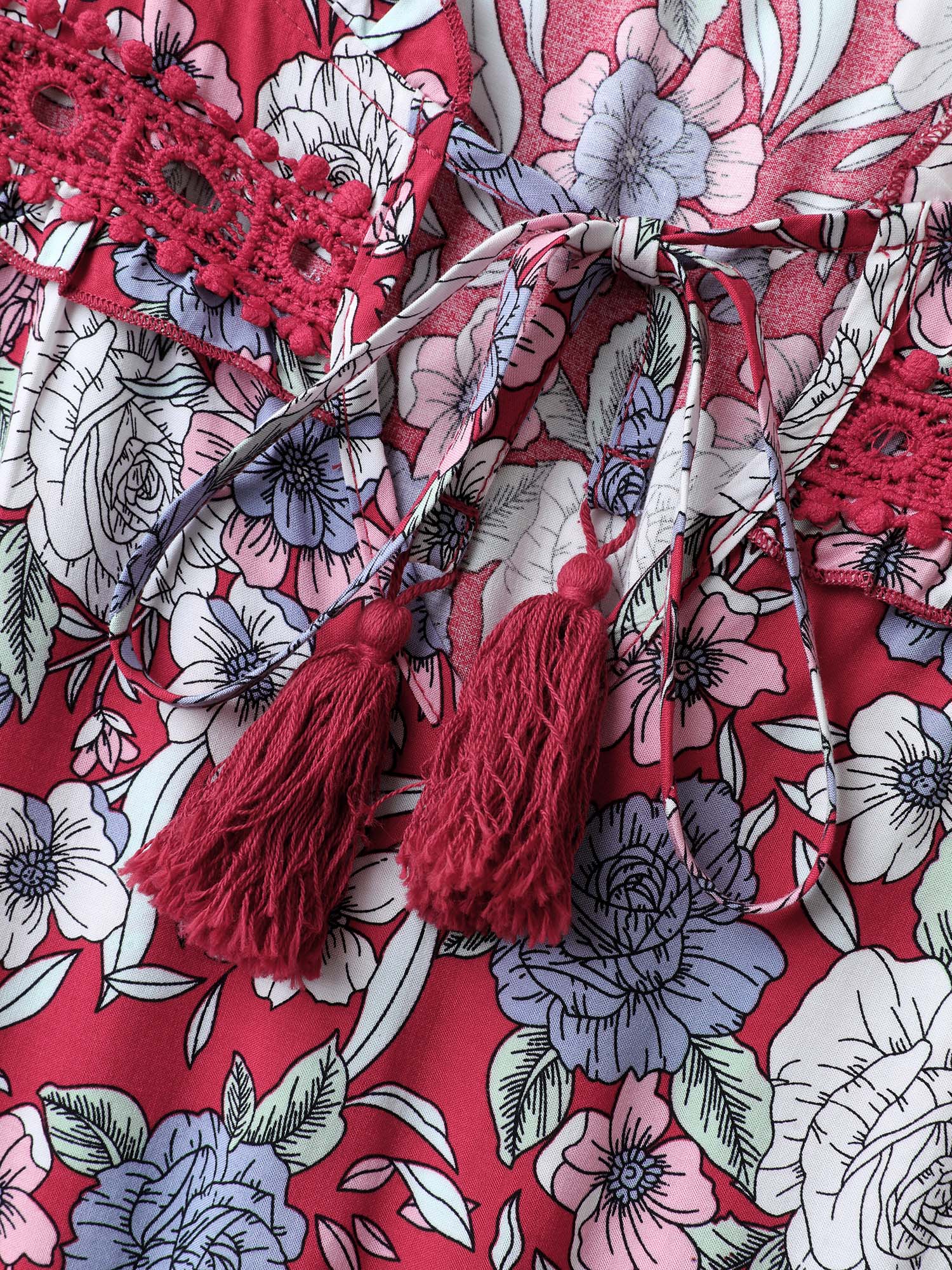 Floral Print Lace Trim Neck Tie Midi Dress - Image 5