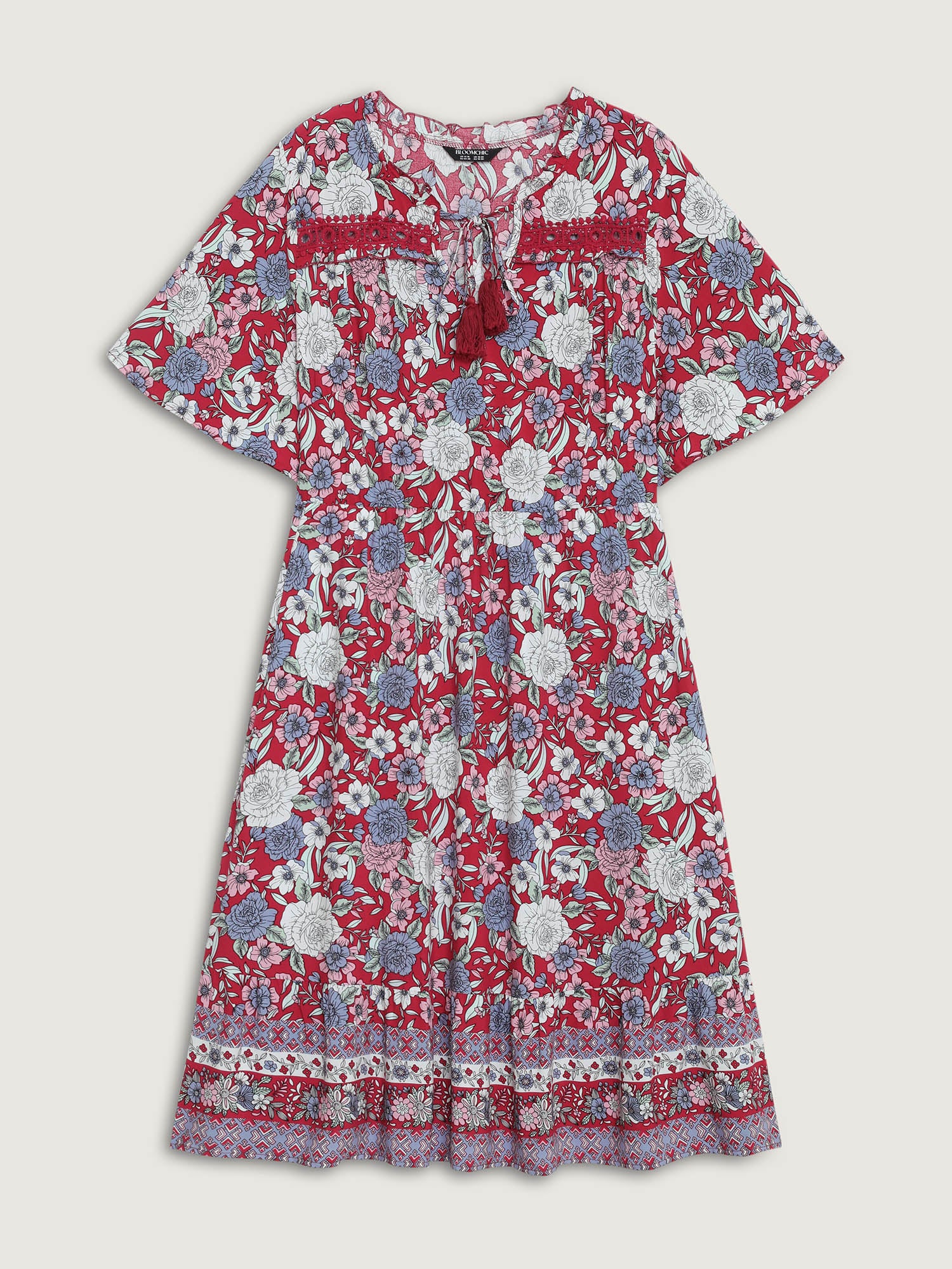 Floral Print Lace Trim Neck Tie Midi Dress - Image 7