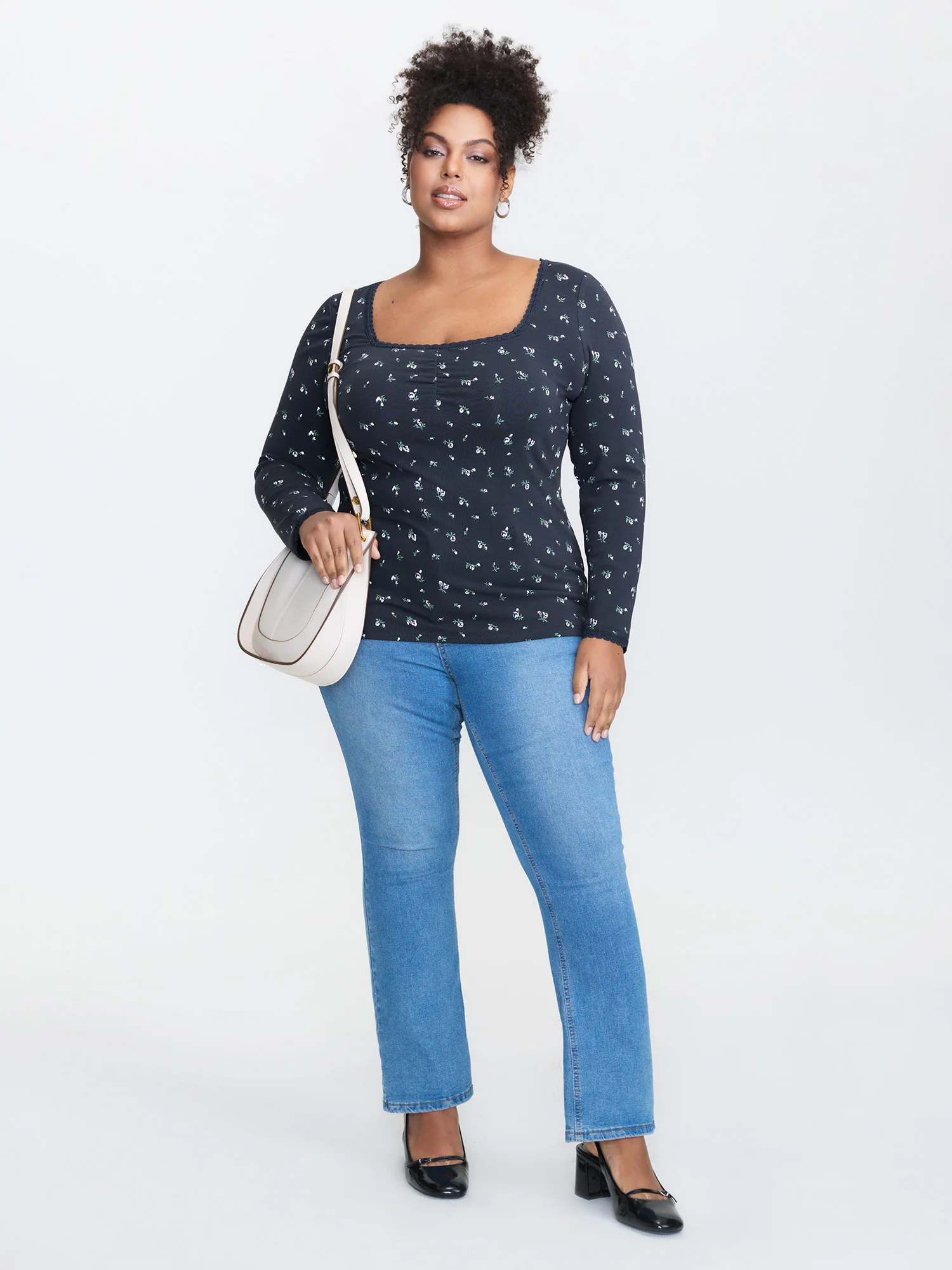 Floral Print Lace Trim Neckline T-Shirt - Image 2