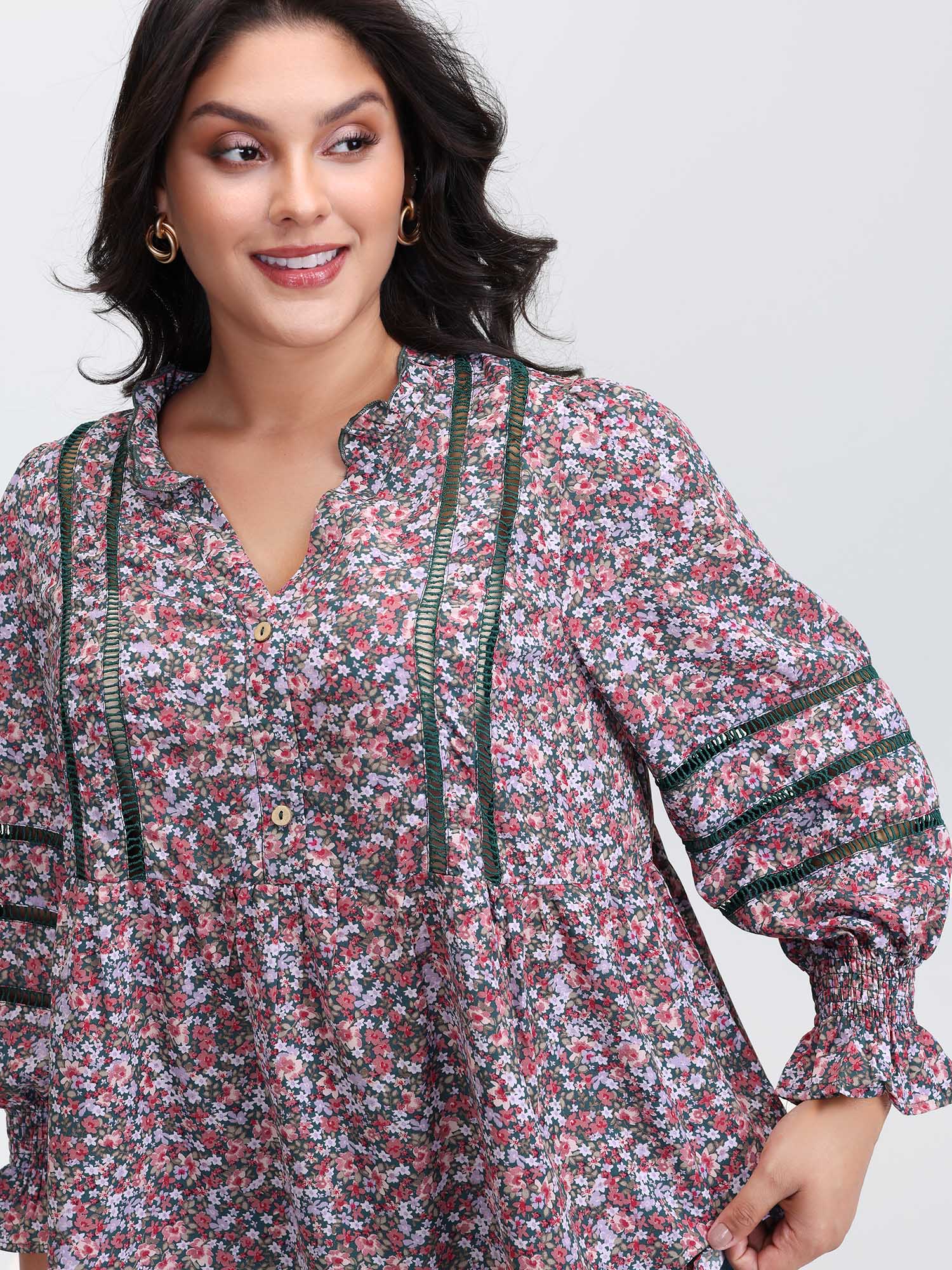 Floral Print Lace Trim Placket Blouse - Image 2