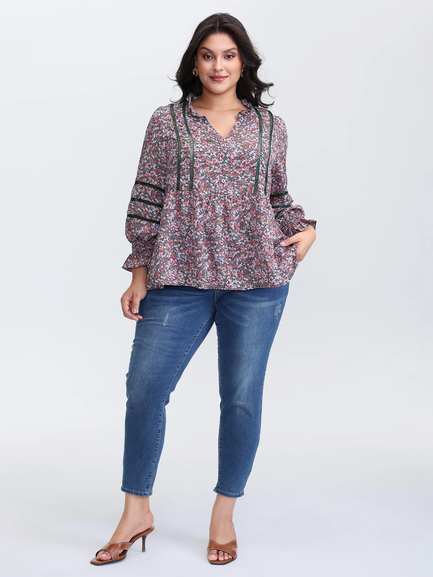 Floral Print Lace Trim Placket Blouse - Image 3