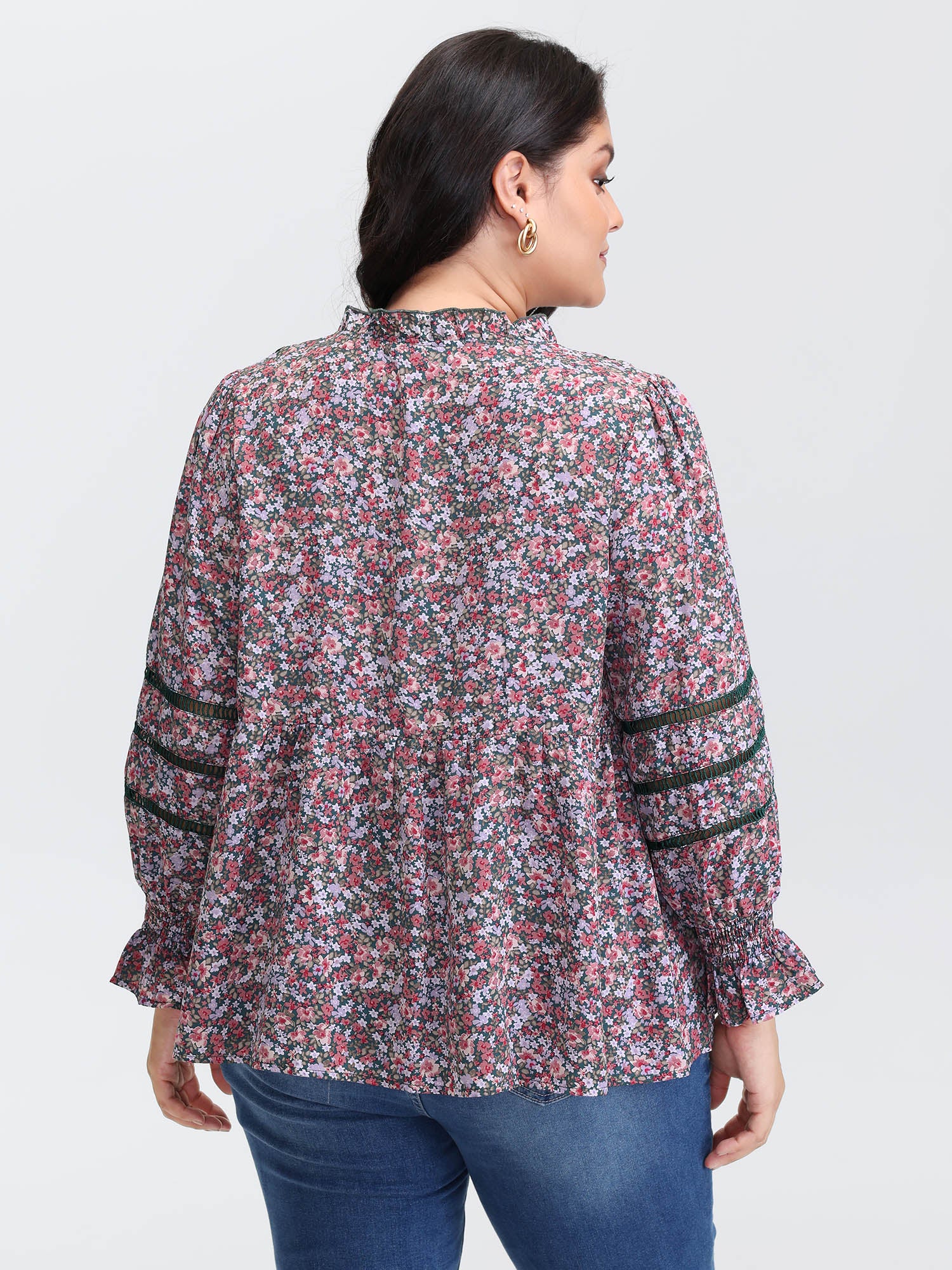 Floral Print Lace Trim Placket Blouse - Image 4
