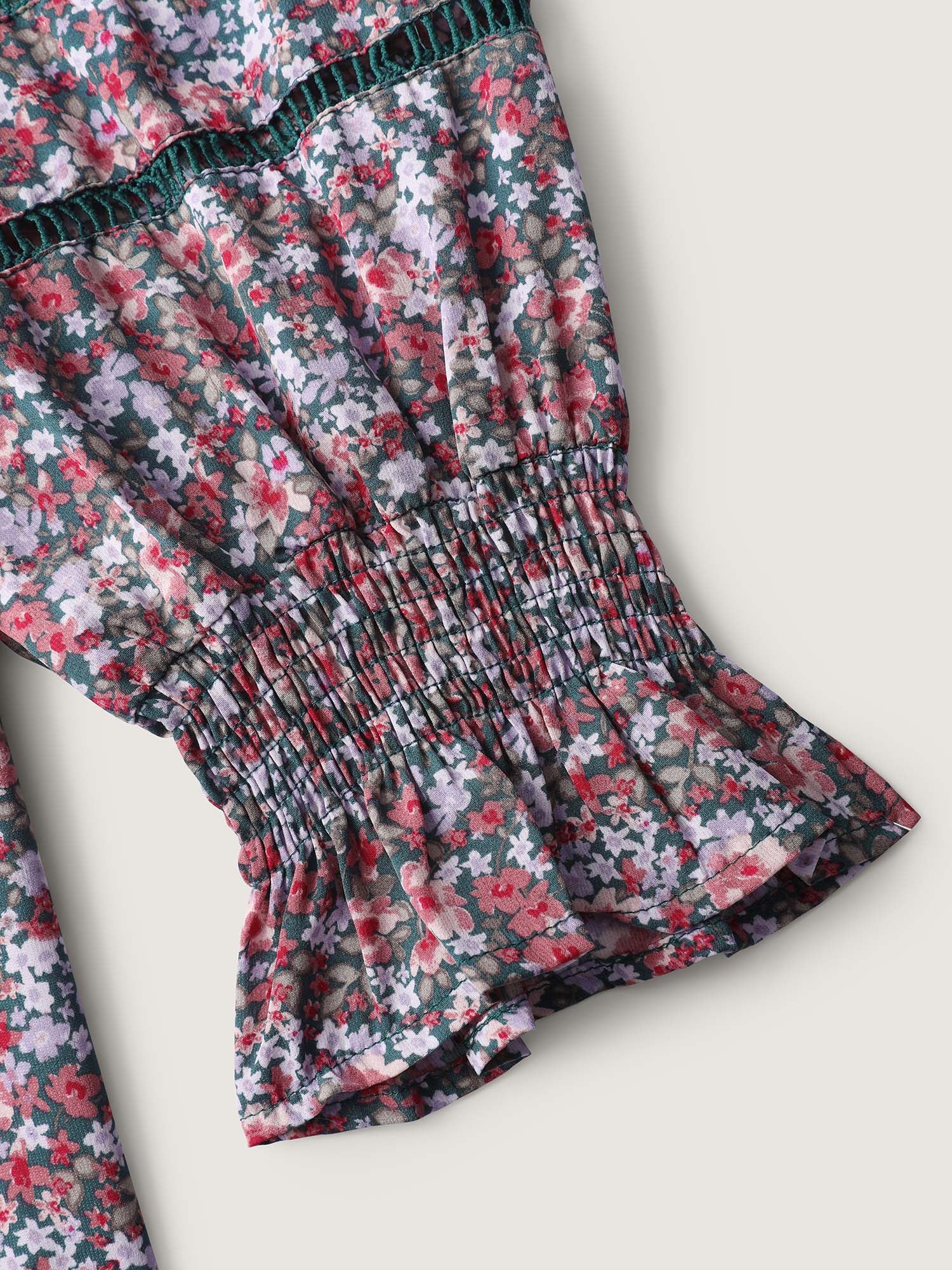 Floral Print Lace Trim Placket Blouse - Image 5
