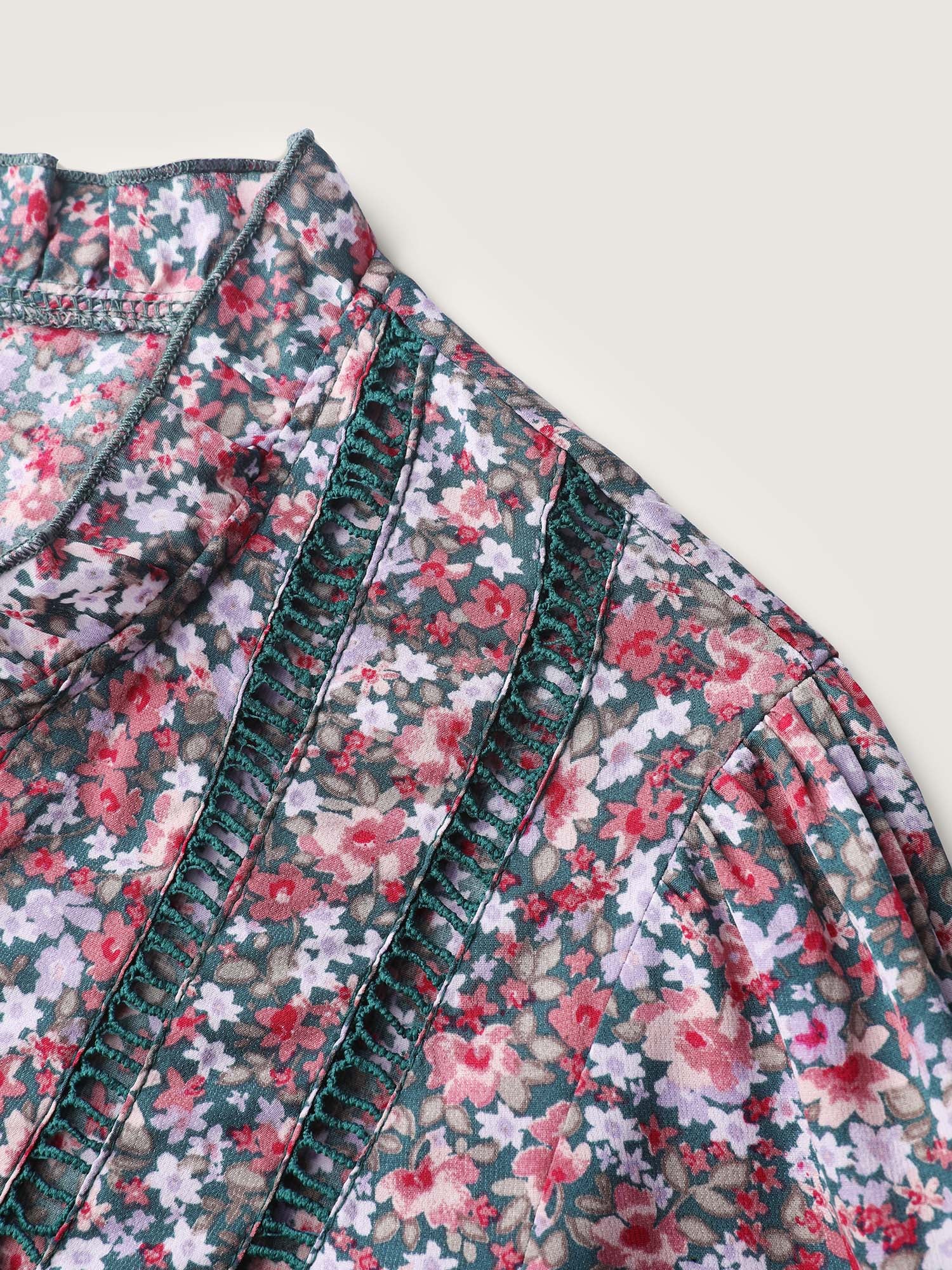 Floral Print Lace Trim Placket Blouse - Image 6