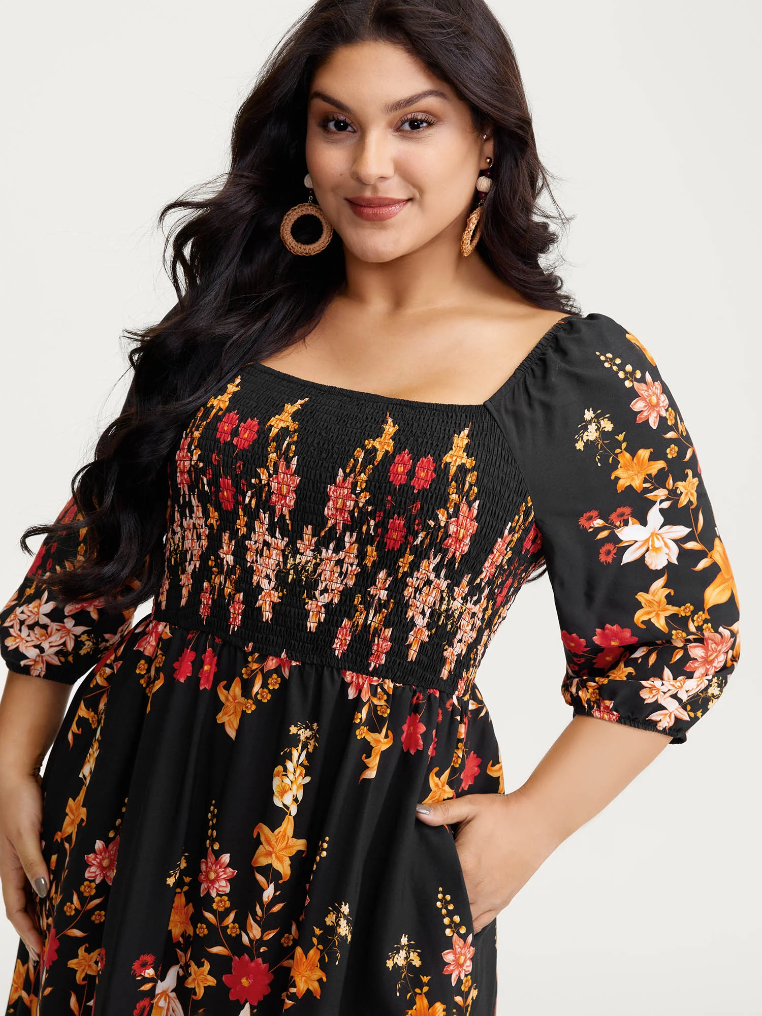 Floral Print Lace Trim Shirred Maxi Dress - Image 2