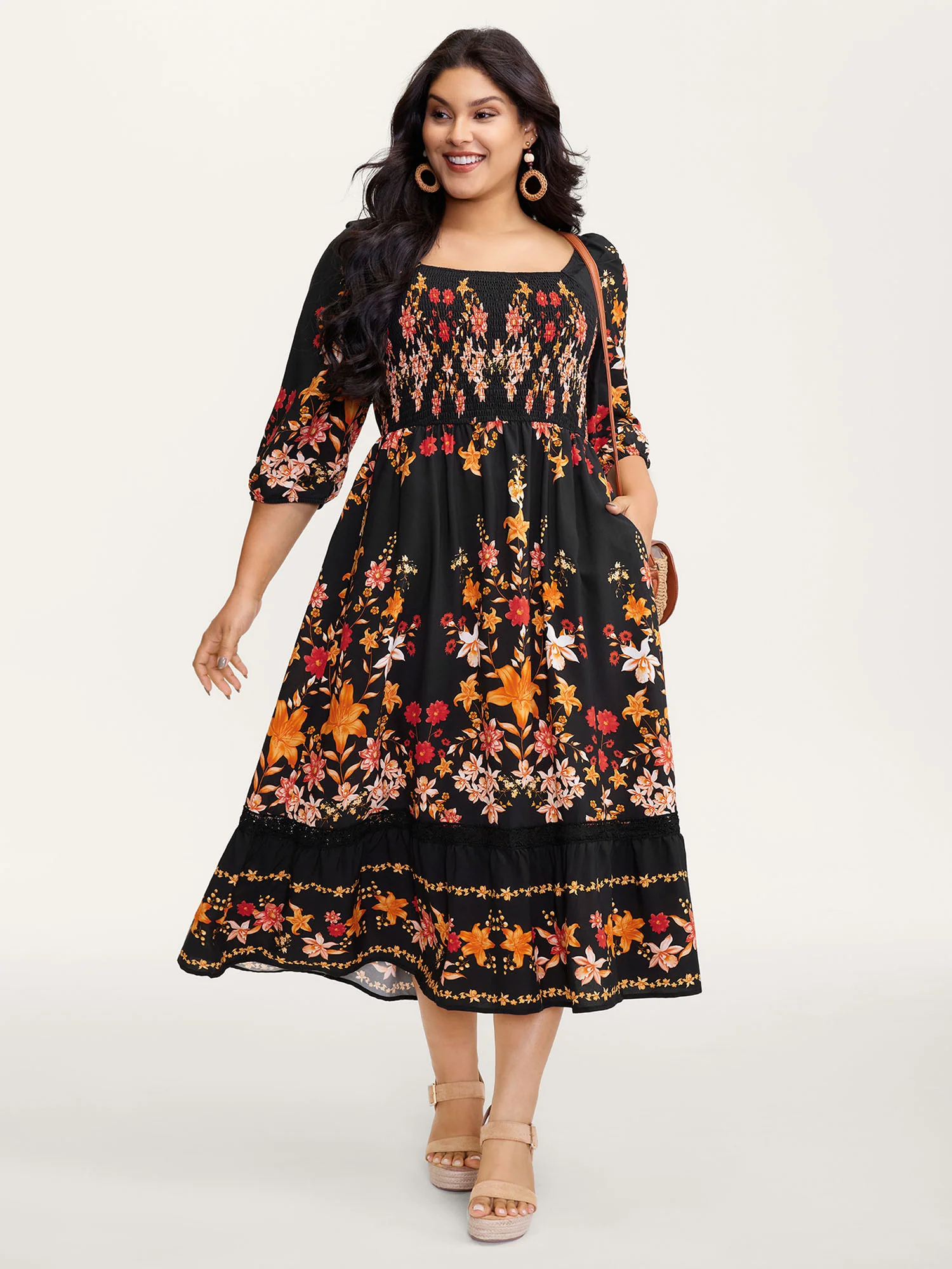 Floral Print Lace Trim Shirred Maxi Dress - Image 3