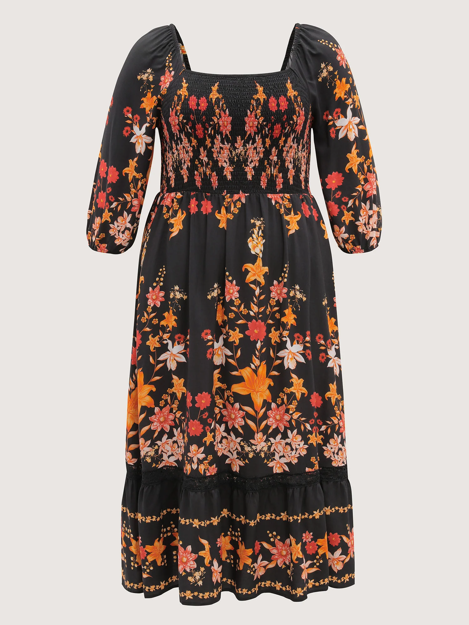 Floral Print Lace Trim Shirred Maxi Dress - Image 7
