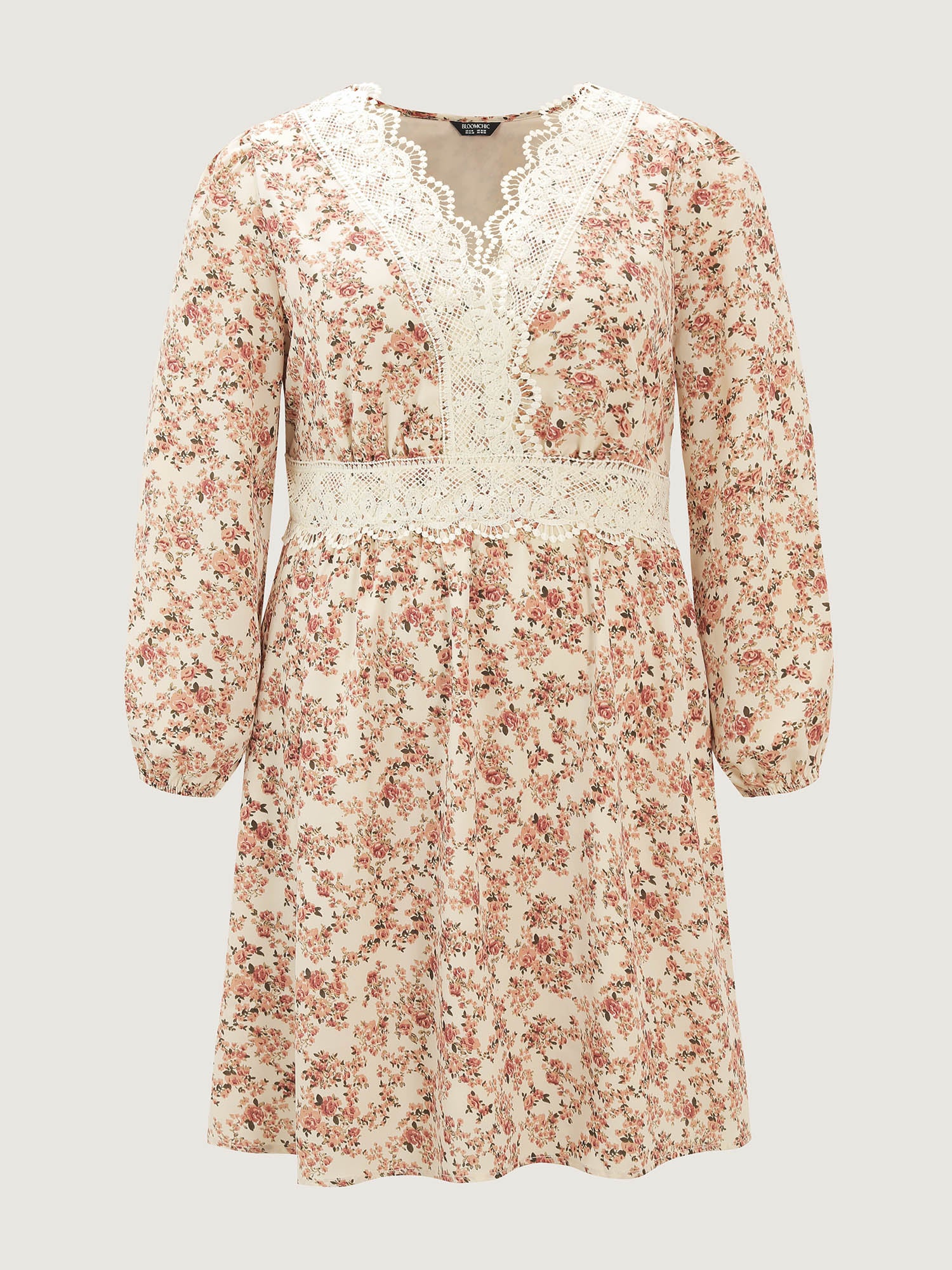 Floral Print Lace Trim Shirred Mini Dress - Image 6