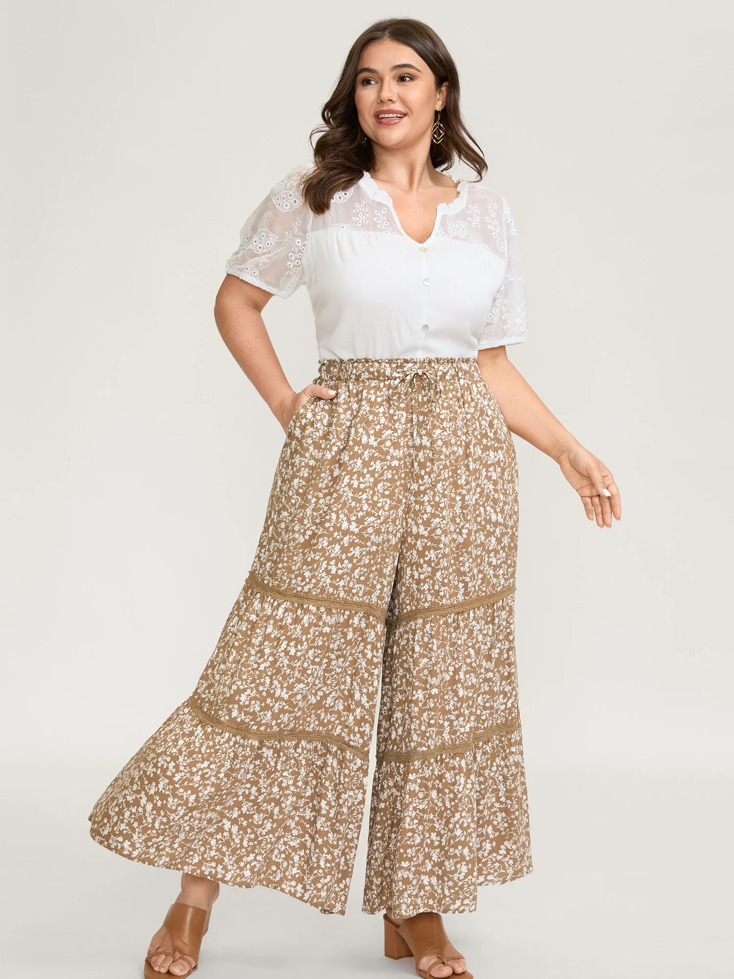 Floral Print Lace Trim Wide-Leg Pants - Image 2
