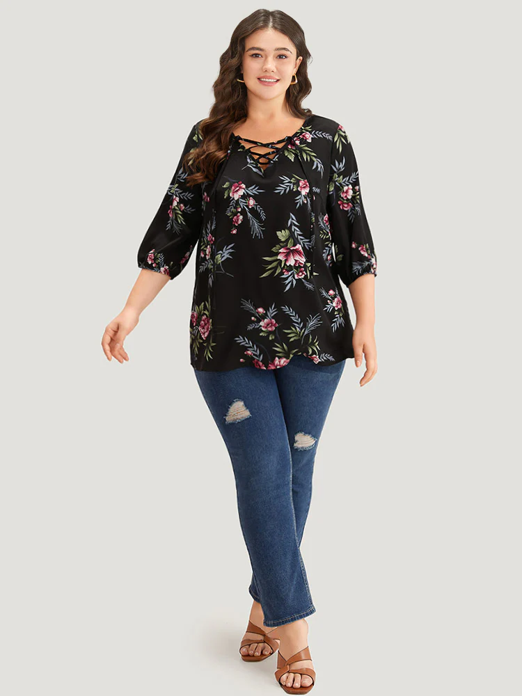 Floral Print Lace Up Lantern Sleeve Blouse - Image 2