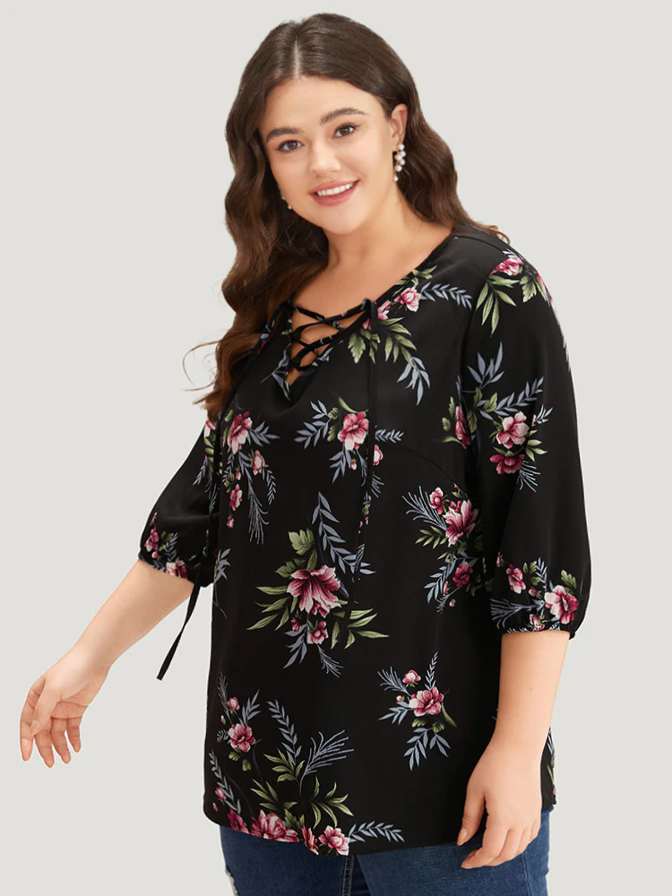 Floral Print Lace Up Lantern Sleeve Blouse - Image 3