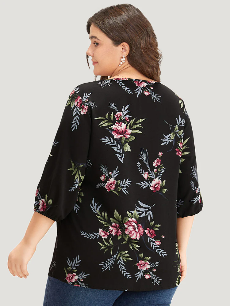 Floral Print Lace Up Lantern Sleeve Blouse - Image 4