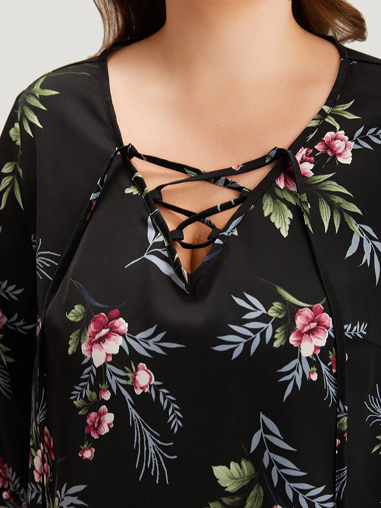 Floral Print Lace Up Lantern Sleeve Blouse - Image 5