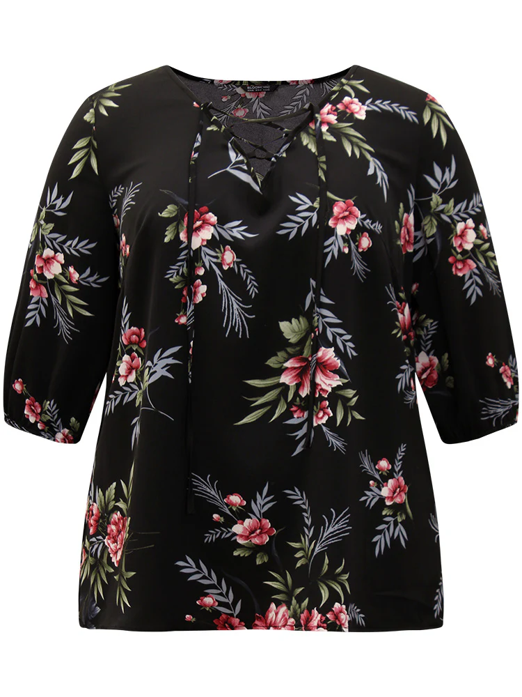 Floral Print Lace Up Lantern Sleeve Blouse - Image 7