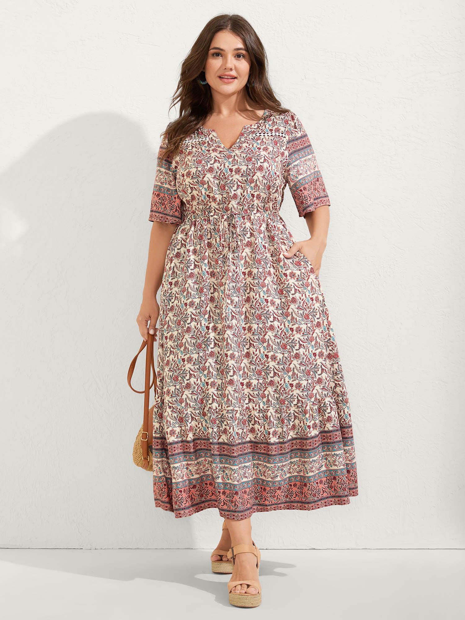 Floral Print Lace Waist Drawstring Maxi Dress - Image 2